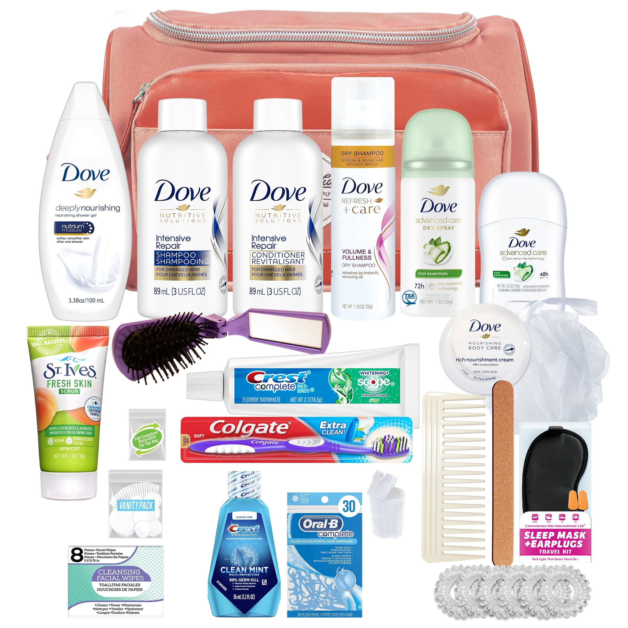 Premium 30-Piece Women's Travel Kit with Dove Hair & Body Care - Large Coral Toiletry Bag | Perfect for Vacation, Business Trips & Gym Essentials (802)