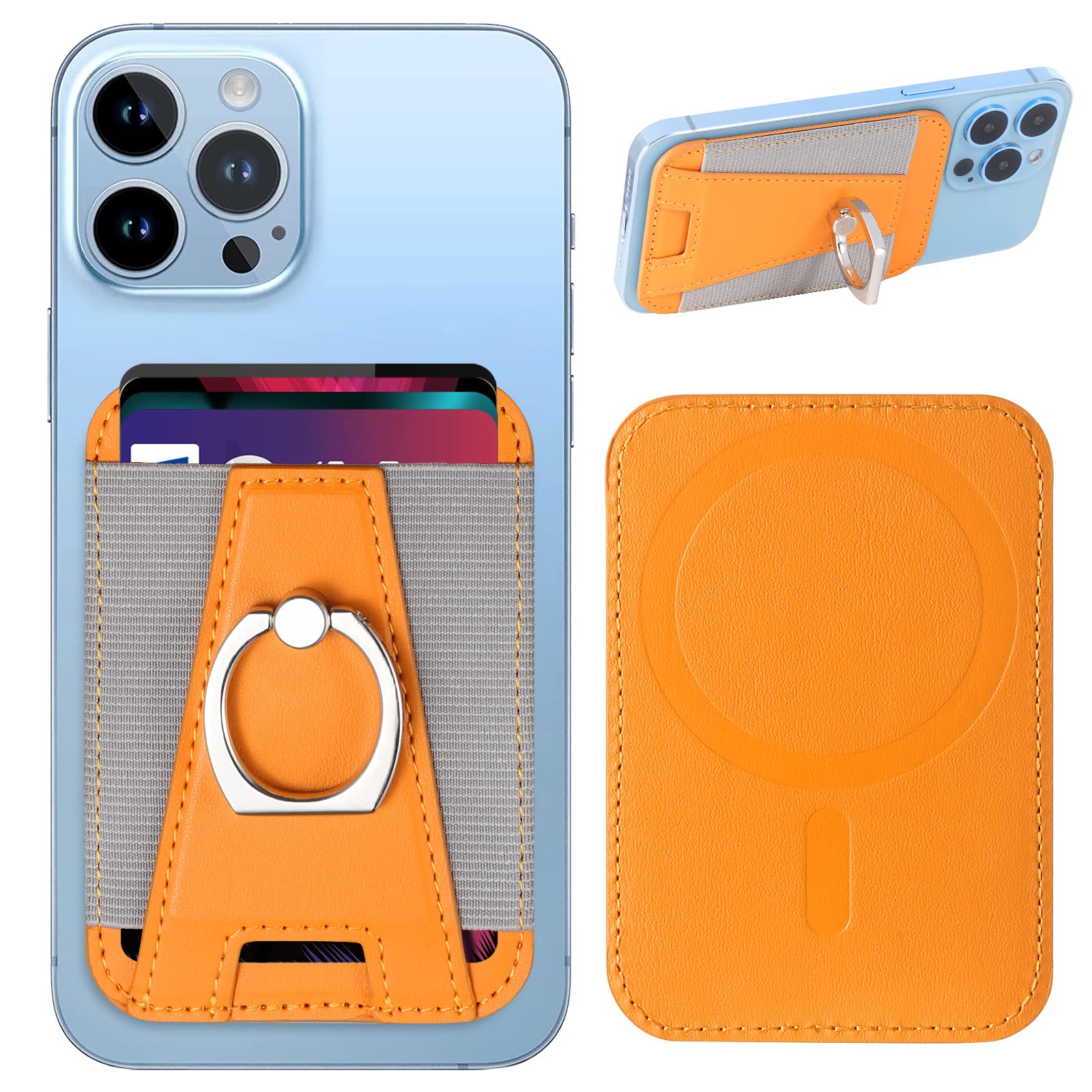 Miroddi Mi-Arch Series Magnetic Phone Wallet - MagSafe Leather Wallet Stand with Ring Holder for iPhone 15/14/13/12 (6 Card Capacity) - Orange | Perfect for Hands-Free Viewing, Secure Card Storage & Everyday Convenience