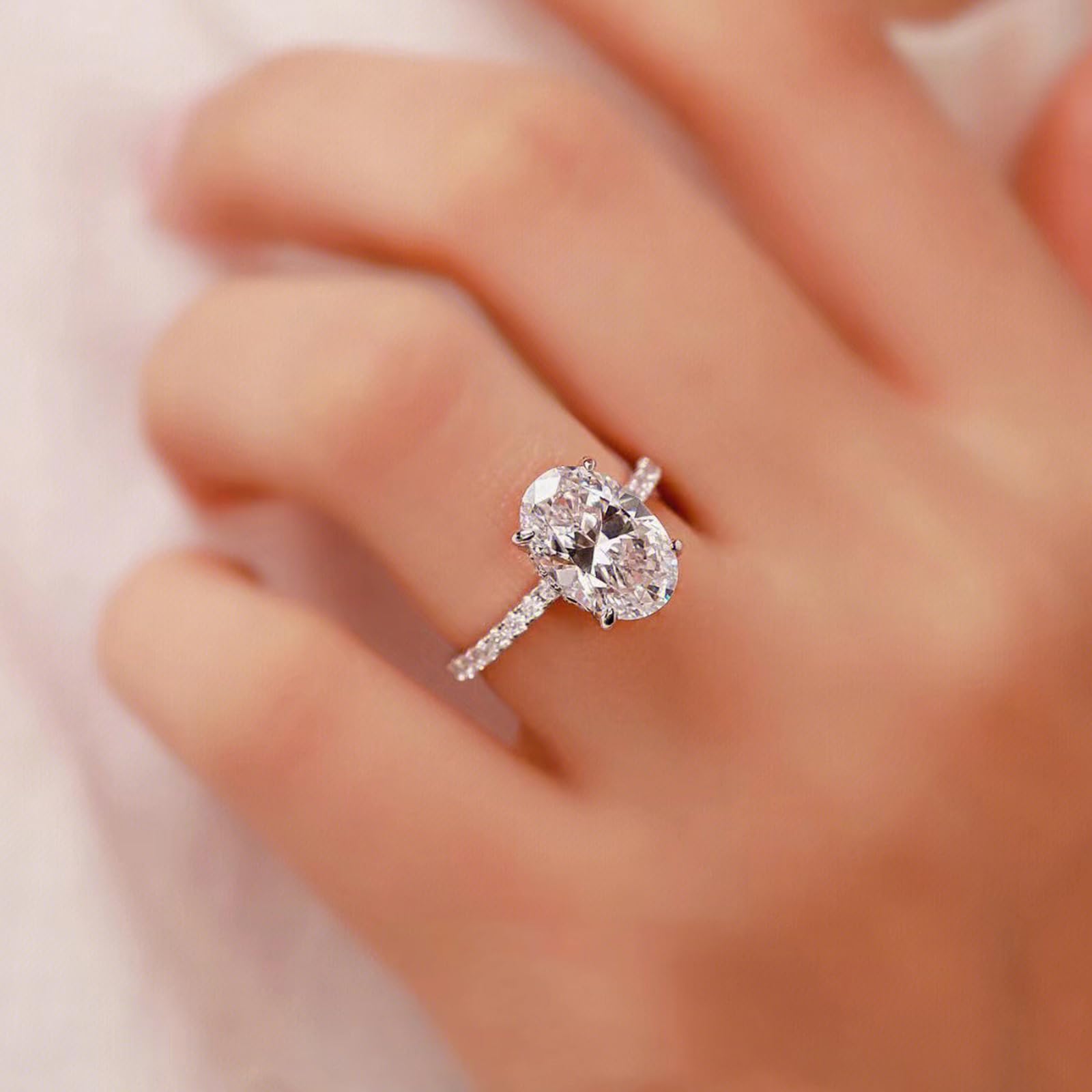 Moissanite Engagement Ring for Women - Oval Solitaire Halo CZ Wedding Band for Bridal Jewelry & Travel