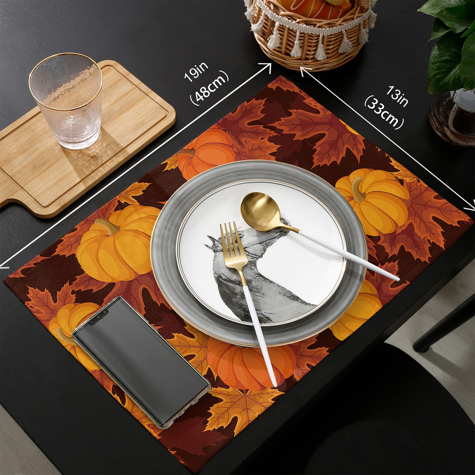 6 Pack Fall Thanksgiving Placemats - Pumpkin Harvest Waterproof Table Mats for Dining & Kitchen, Wipeable Farmhouse Decor (Orange) - Perfect for Autumn Gatherings, Holiday Dinners & Cozy Home Decor