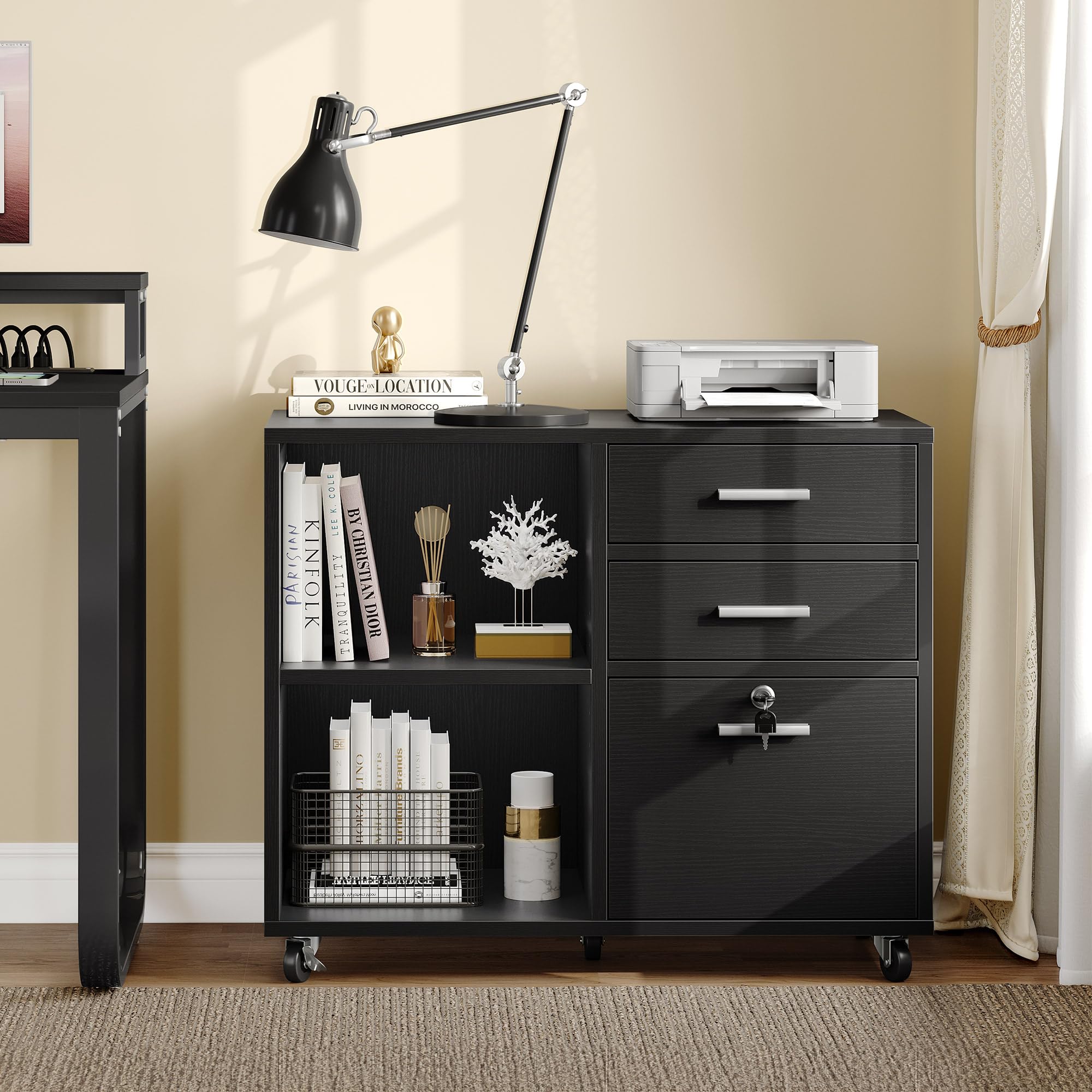 YITAHOME 3-Drawer Wooden File Cabinet with Lock - Mobile Lateral Storage Cabinet & Printer Stand for Home Office Organization - Black Office Furniture - Perfect for Document Storage, Printer Placement & Workspace Organization