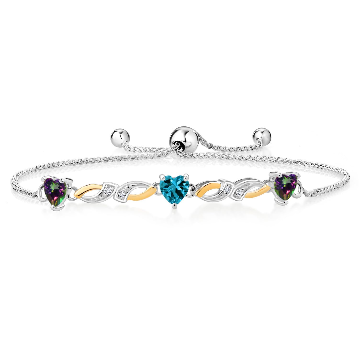 1.78 Ct Heart Shape Green Mystic Topaz & London Blue Topaz Sterling Silver 10K Gold Lab Grown Diamond Bracelet for Women - Elegant Jewelry Gift for Anniversary, Birthday & Special Occasions