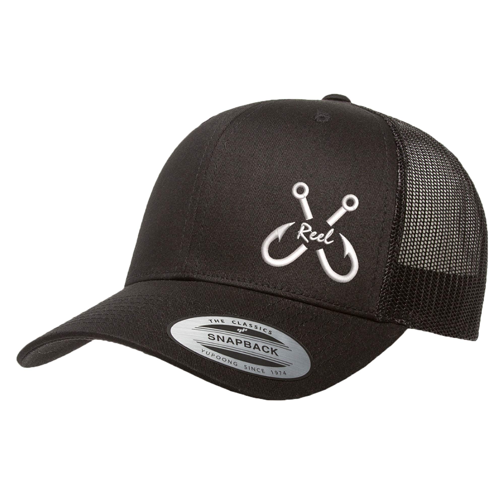 Embroidered Fishing Hook & Reel Design Trucker Snapback Cap - Adjustable Mesh Back Hat for Men & Women - Perfect for Fishing, Outdoor Adventures & Casual Wear