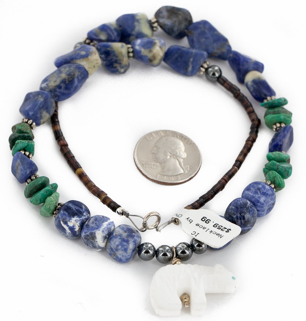 Authentic Navajo Turquoise Lapis Bone Native American Necklace - Handmade by Loma Siiva - Tag Certified Bear Silver Jewelry - Perfect for Powwows, Weddings & Southwest Fashion