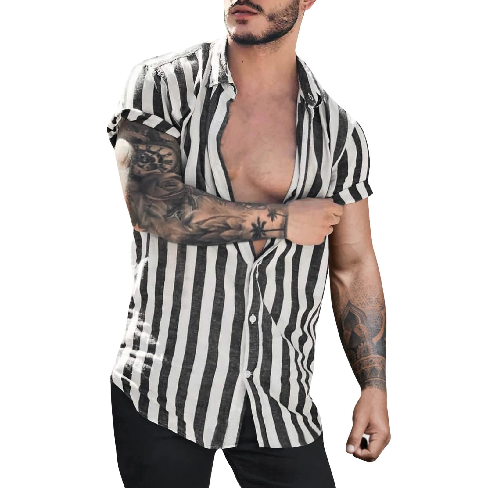 **Men's Casual Blue V-Neck Short Sleeve Shirt - 100% Cotton Linen Blend for Spring & Summer - Perfect for Office, Travel, and Outdoor Activities**