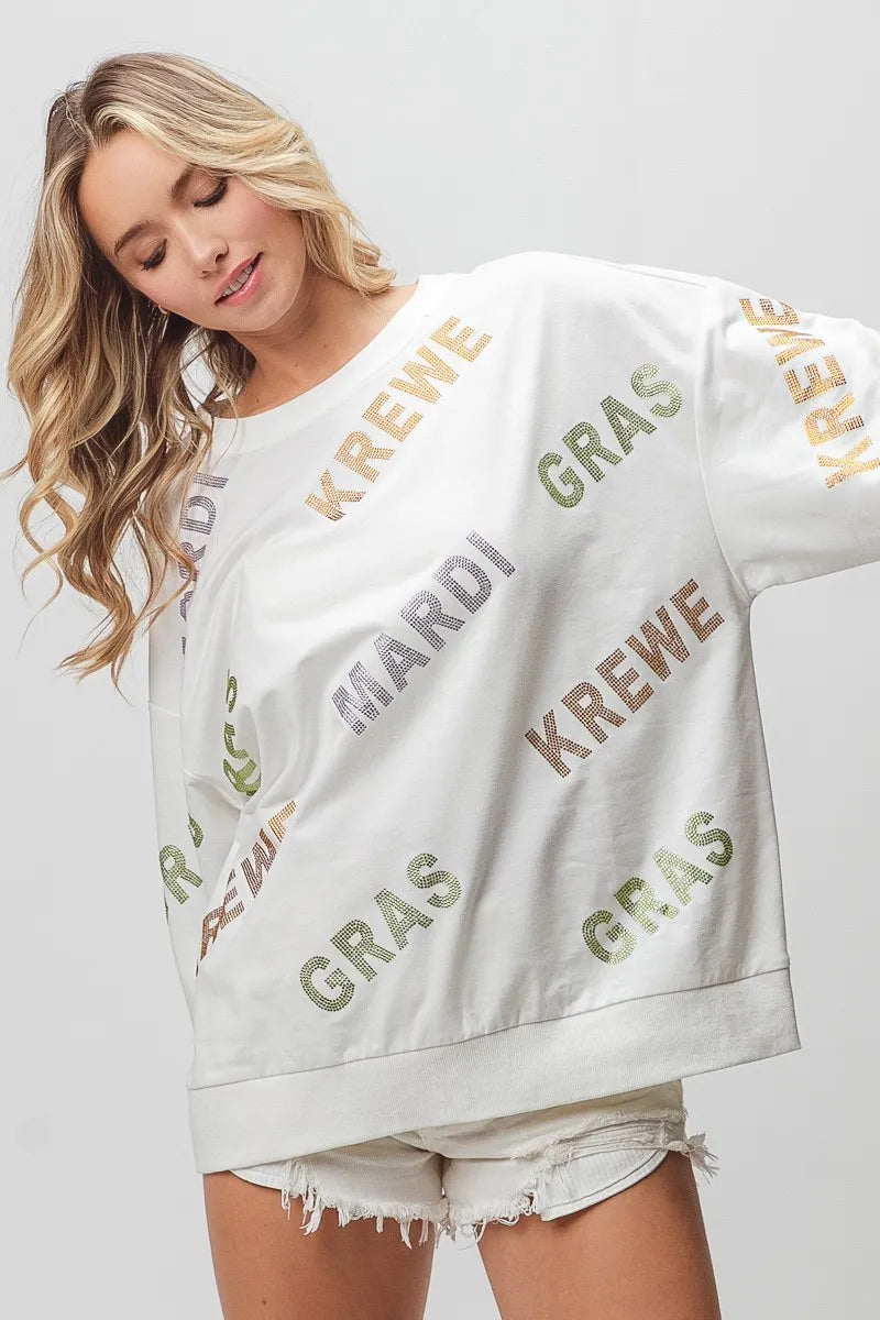 BiBi Rhinestone Mardi Gras Krewe Pullover Sweatshirt - Sparkly Festival Hoodie for Carnival, Costume Parties & Themed Events