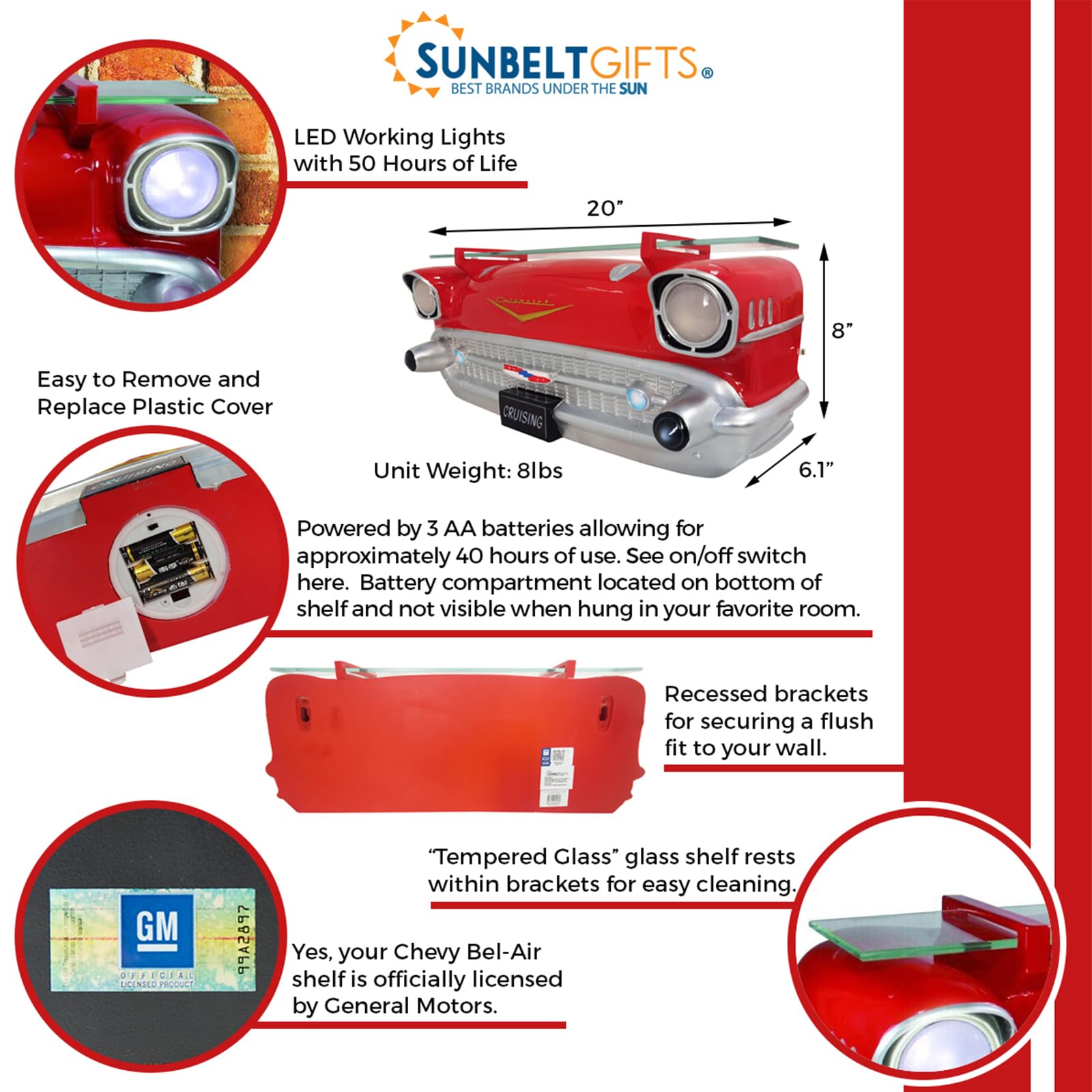 1957 Chevy Bel Air Wall Shelf - Red Floating Shelf with LED Headlights (20x6.1x8 inches) | Tempered Glass Classic Car Decor | Battery Operated Novelty Gift for Car Enthusiasts | Perfect for Man Cave, Garage, or Automotive-Themed Room Decor