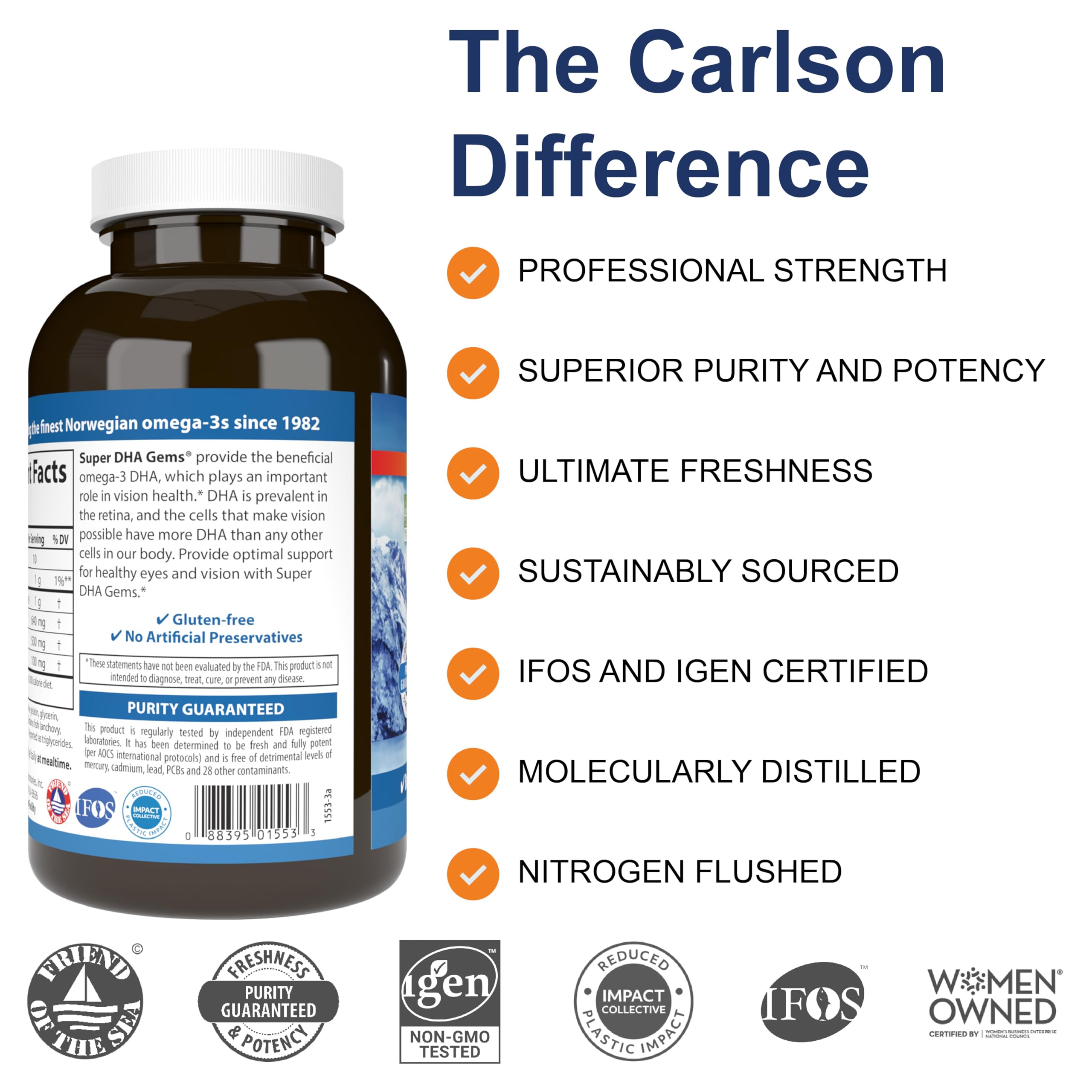 Carlson Super DHA Gems - 500mg DHA Omega-3 Fish Oil Supplement with 640mg Fatty Acids, Norwegian Wild-Caught & Sustainably Sourced Softgels (240 Count) for Brain, Heart & Eye Health Support