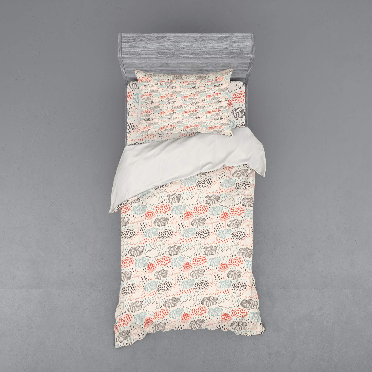 Ambesonne 3-Piece Twin Duvet Cover Set - Hand Drawn Clouds, Umbrellas & Rain Design, Striped & Dotted Pattern (Includes Duvet Cover, Sham & Fitted Sheet) - Perfect for Kids' Bedrooms, Guest Rooms & Rainy Day Themed Decor