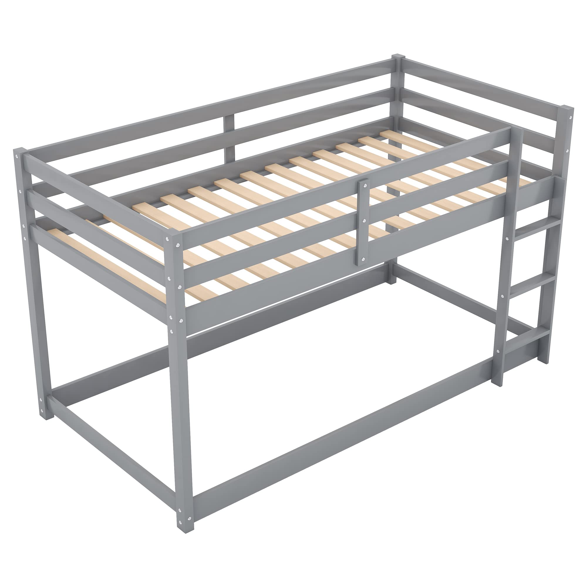 Twin Over Twin Bunk Bed with Ladder & Safety Guardrails - Solid Pinewood Bed Frame for Kids - Space Saving Low Floor Bunk Bed for Boys and Girls Bedroom - No Box Spring Needed - Perfect for Small Rooms, Shared Kids Rooms & Vacation Homes (Gray)