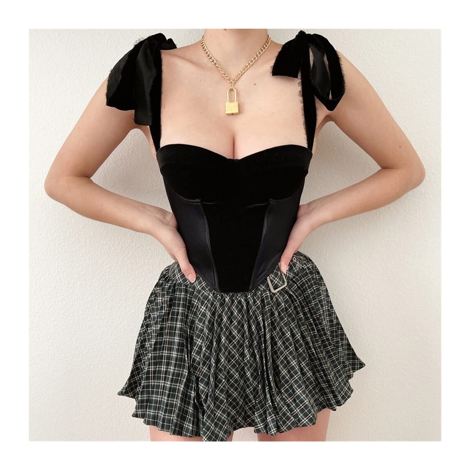 YFQHDD Women's Velour Padded Underwire Bustier Top - Vintage Lace-Up Cropped Corset Tank with Bow, Backless Summer Tops (Black, Size M) | Perfect for Date Nights, Club Wear & Retro Fashion Outfits