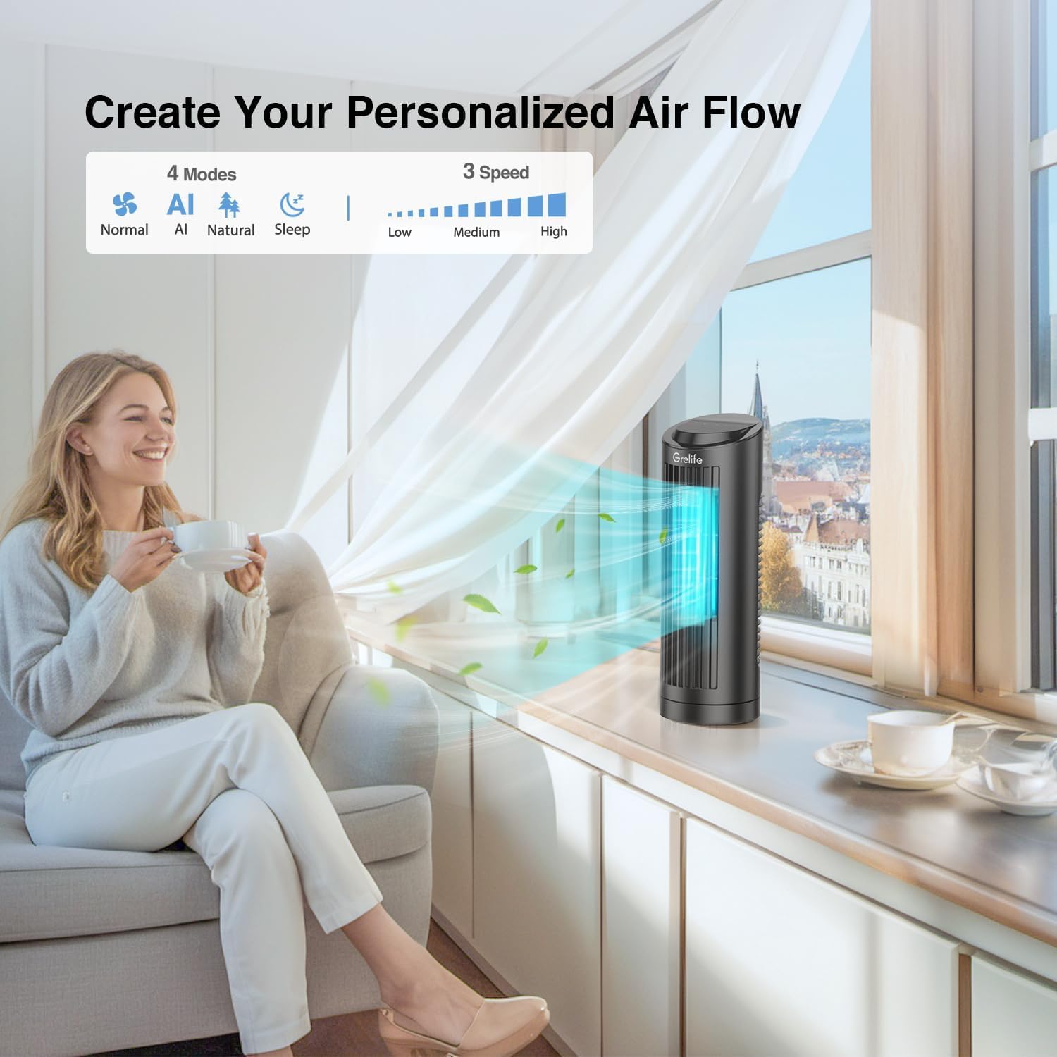 Grelife 13'' Bladeless Tower Fan with 3 Speed Settings - Ultra Quiet Cooling Desk Fan, 70° Oscillation, Compact & Portable - Perfect for Bedroom, Home Office, Dorm Room & Small Spaces