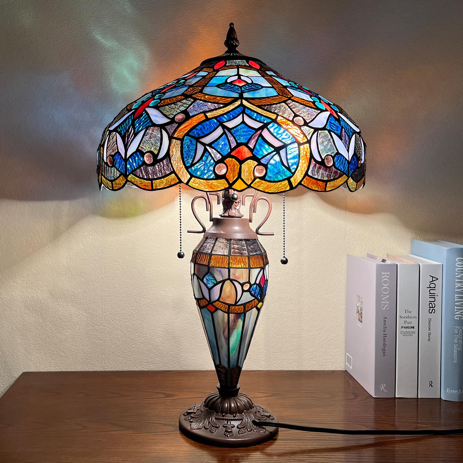 Tiffany Style Stained Glass Table Lamp - 16x16x24 Inches 3-Light Capulina Desk Lamp with Mother-Daughter Vase Flower Design for Home Office, Bedroom & Living Room - Perfect Reading Light & Decorative Accent