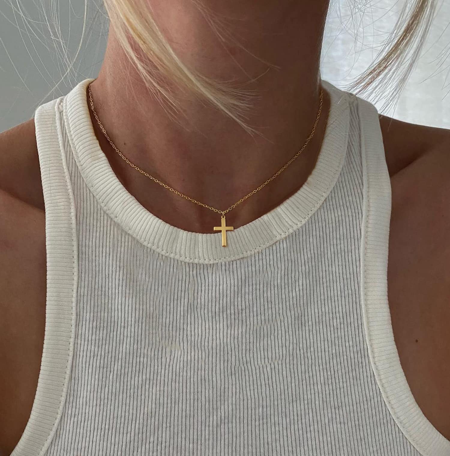 DEARMAY Dainty Cross Necklace for Women - 14k Gold Filled & Sterling Silver Layered Choker, Minimalist Thin Chain Necklace, Elegant Small Cross Pendant Jewelry | Perfect Gift for Her, Everyday Wear, Church, Special Occasions