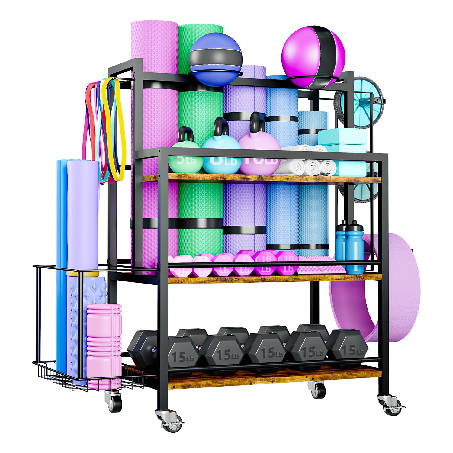 **EasyCom Heavy-Duty Home Gym Storage Rack – Large Capacity Organizer for Dumbbells, Kettlebells, Foam Rollers, Yoga Mats & Resistance Bands – Workout Equipment Storage with Hooks & Wheels – Perfect for Garage, Basement & Home Gym Organization**
