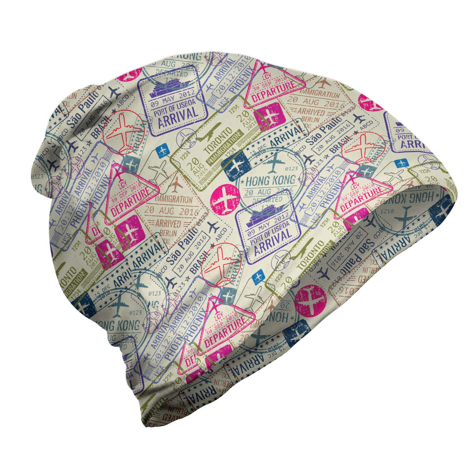 Ambesonne Unisex Beanie Hat with Passport Stamps & Cities Design - Warm Winter Knit Cap for Men & Women - Perfect for Hiking, Outdoor Adventures & Travel