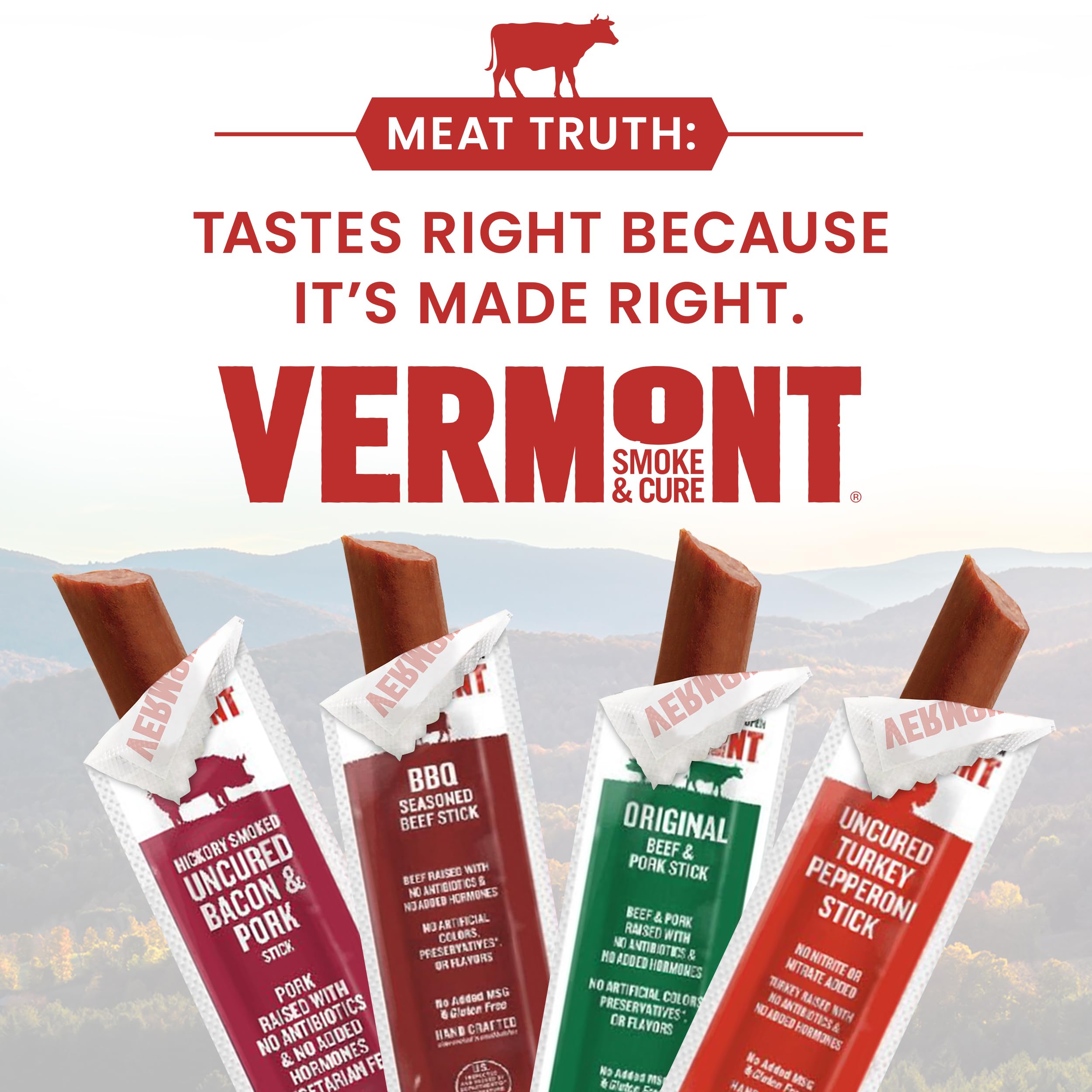 Vermont Smoke & Cure Hickory-Smoked Uncured Pork Bacon Sticks - High Protein Snack, No Antibiotics or Hormones, 0.5 oz (48 Count) - Perfect for Hiking, Camping & On-the-Go Snacking