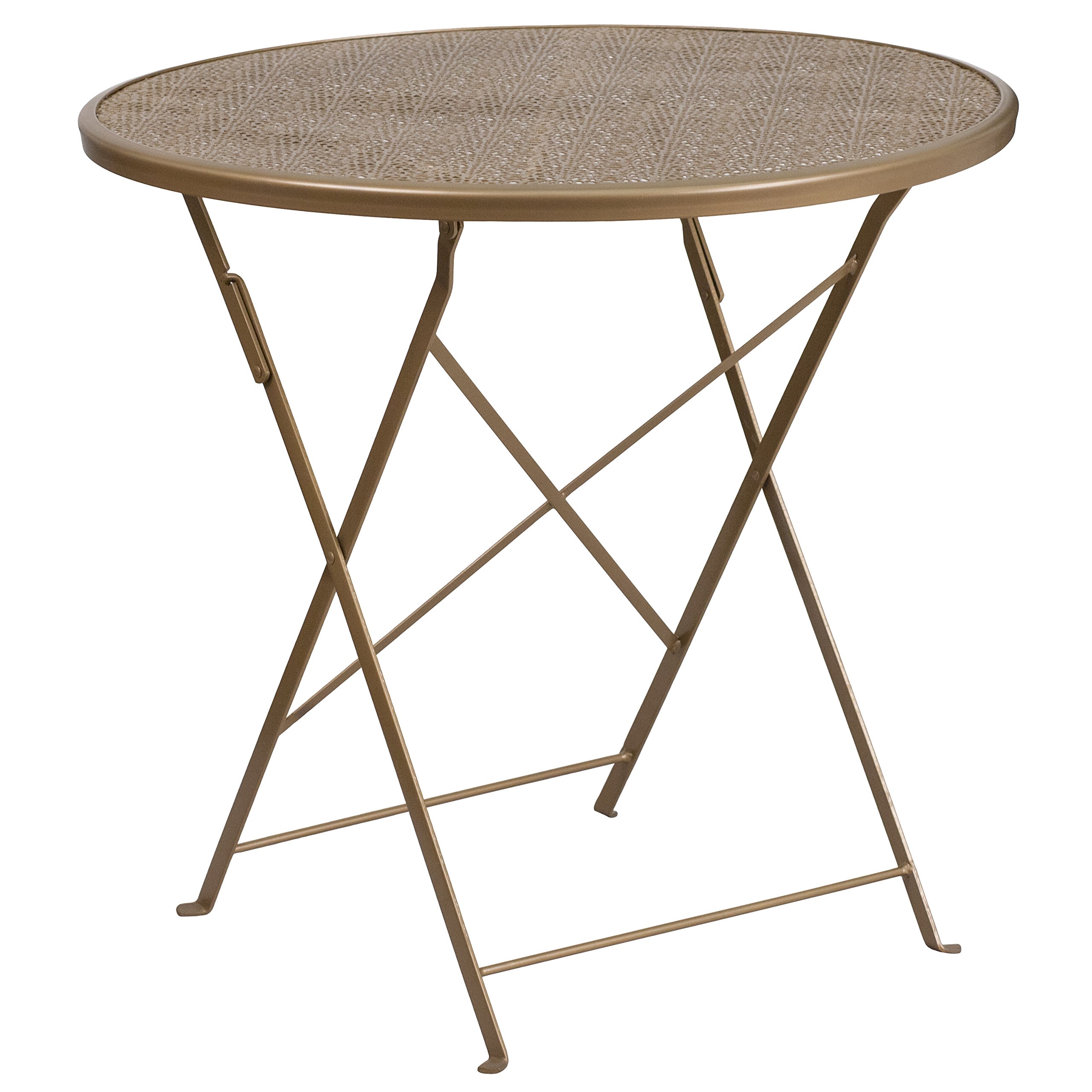 EMMA + OLIVER 30 Inch Round Gold Folding Patio Table - Heavy Duty Steel, Indoor & Outdoor Use - Perfect for Dining, BBQs, and Poolside Gatherings