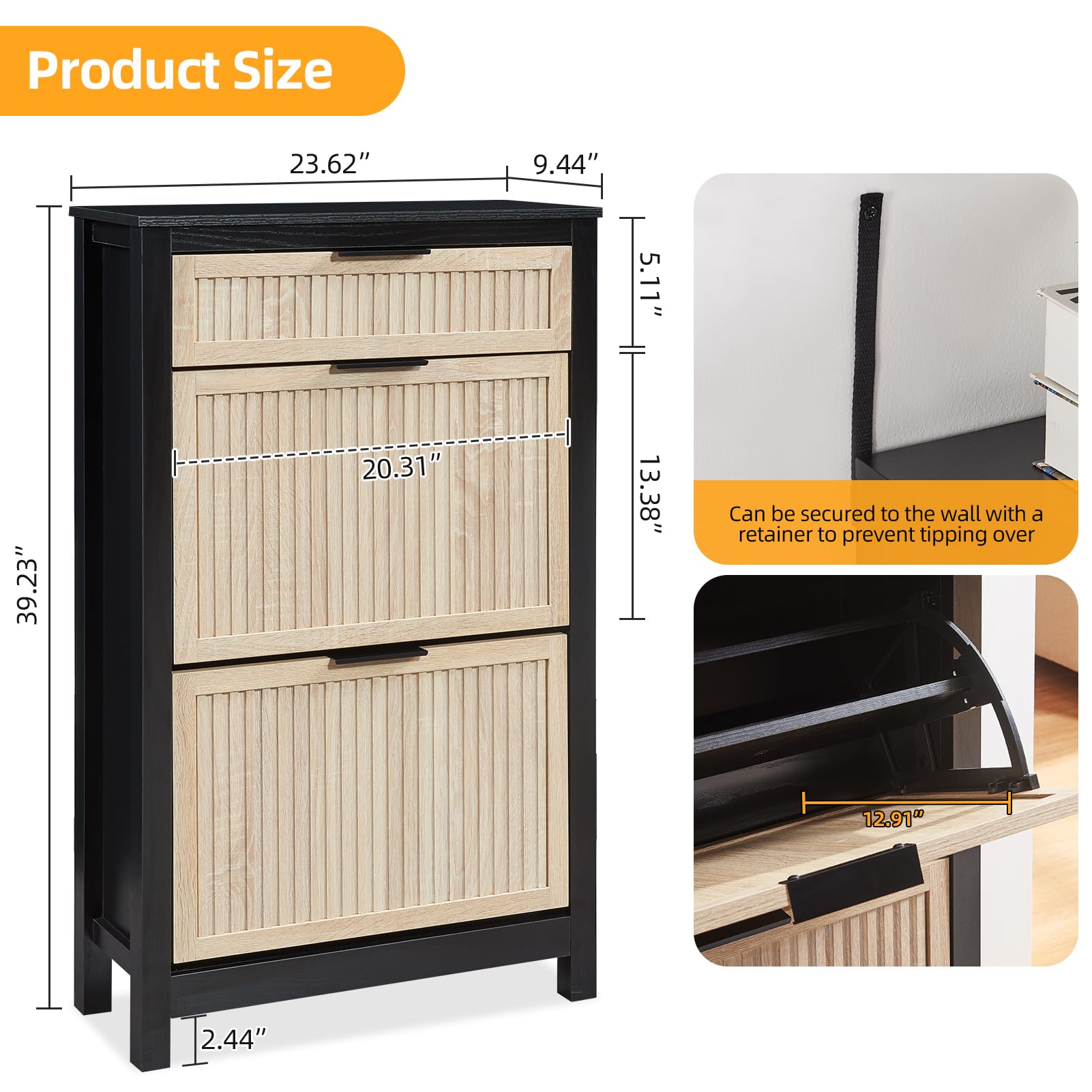 2-Tier Flip Drawer Shoe Storage Cabinet - Narrow Entryway Shoe Organizer for Front Door, Free Standing Hidden Wooden Hallway Shoe Rack (Oak & Black) - Perfect for Small Spaces, Apartments & Closet Organization