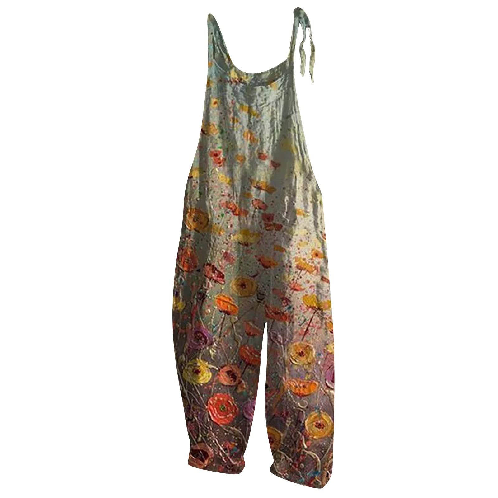 Women's Floral Cotton Jumpsuit - Sleeveless Spaghetti Strap Romper with Tie Detail | Casual & Dressy Overalls for Summer, Beach, Party & Everyday Wear