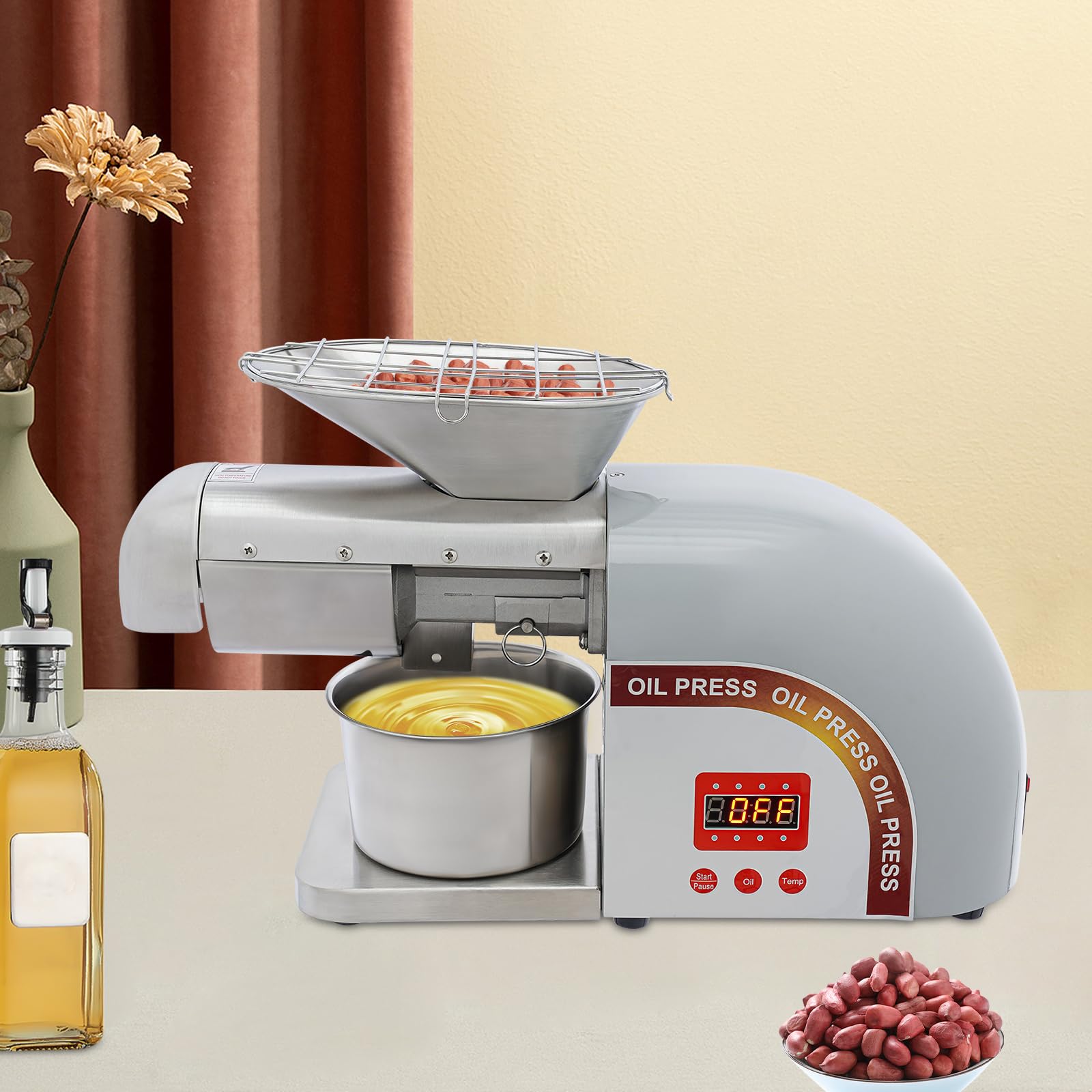 1800W Electric Oil Press Machine - Automatic Oil Extractor for Home & Commercial Use - Stainless Steel Oil Press for Nuts, Walnuts, Linseed, Peanuts & Sesame Seeds - Adjustable Temperature - Perfect for Healthy Cooking, DIY Essential Oils & Small Business Production