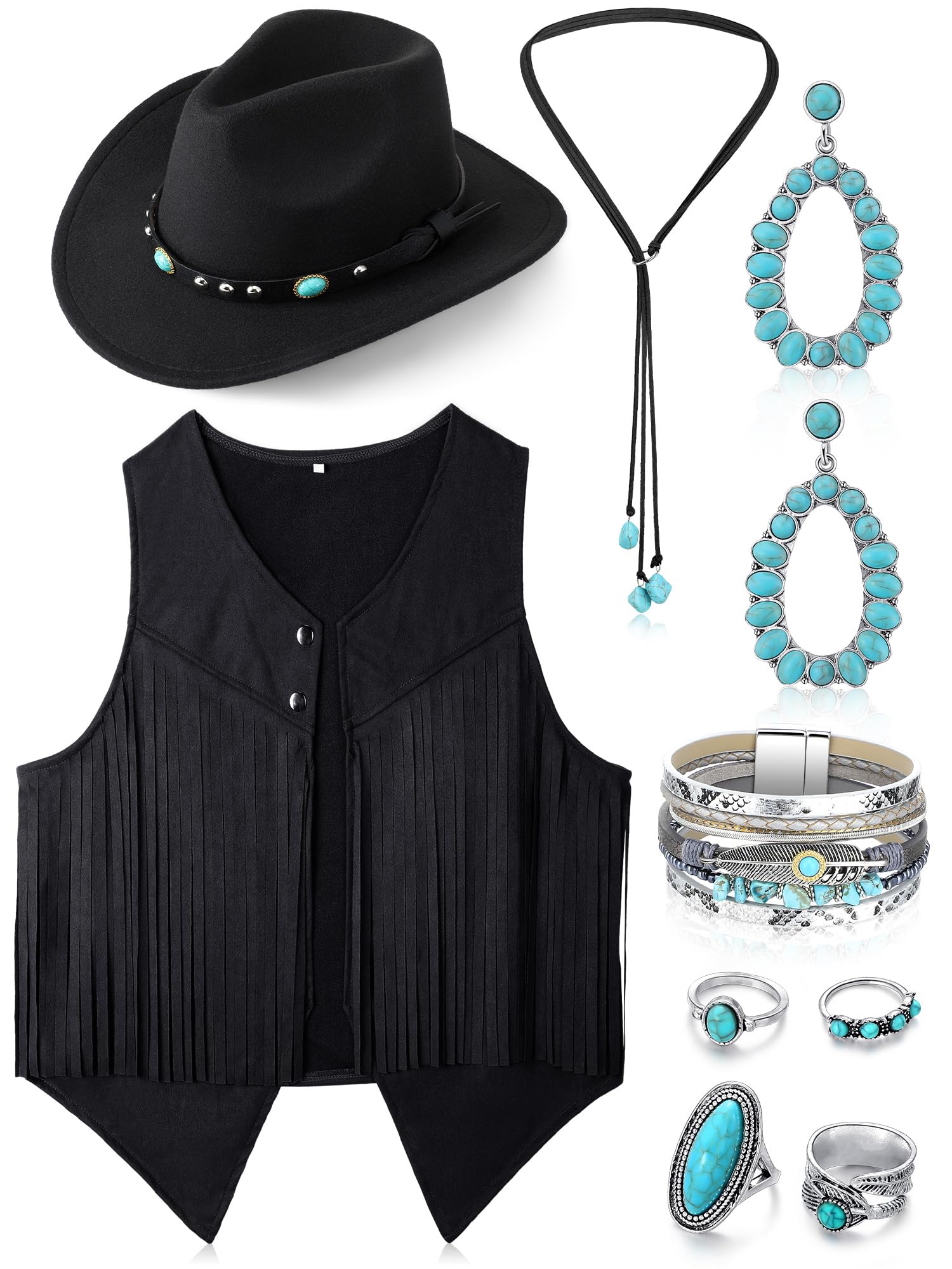 9 Pack Western Outfits for Women - Cowgirl Vest, Boho Cowboy Hat & Jewelry Set | Halloween Costume, Cowgirl Cosplay, Country Themed Party Outfit | Perfect for Halloween, Rodeo Events, Western Parties and Country Music Festivals