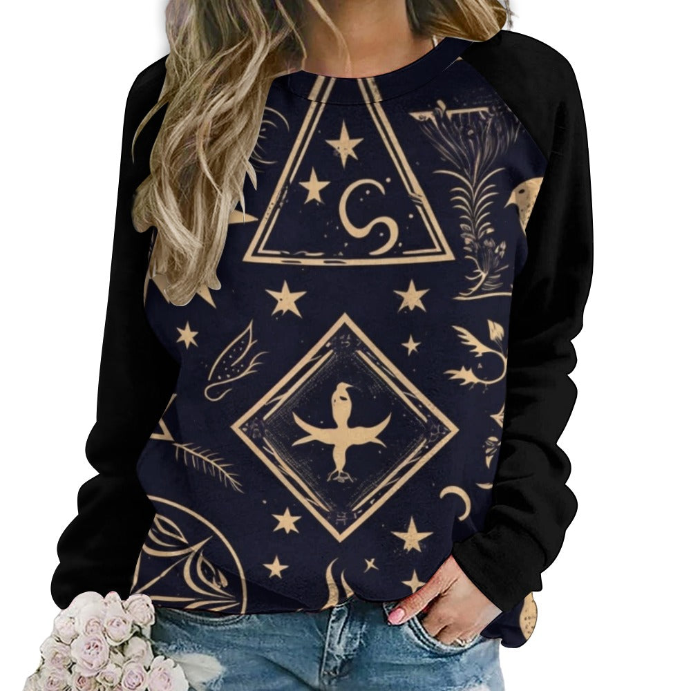 Magic Symbols Raglan Round Neck Sweater for Women - Comfortable Long Sleeve Pullover for Casual Wear, Street Style & Fall Fashion