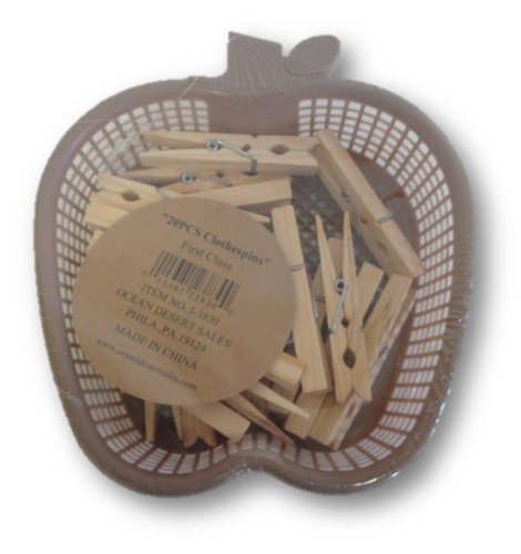 20 Classic Wooden Clothes Pins with Apple-Shaped Basket - Durable Laundry Clips for Hanging Clothes, Drying Socks & Delicates - Perfect for Indoor/Outdoor Use, Clothesline & Craft Projects