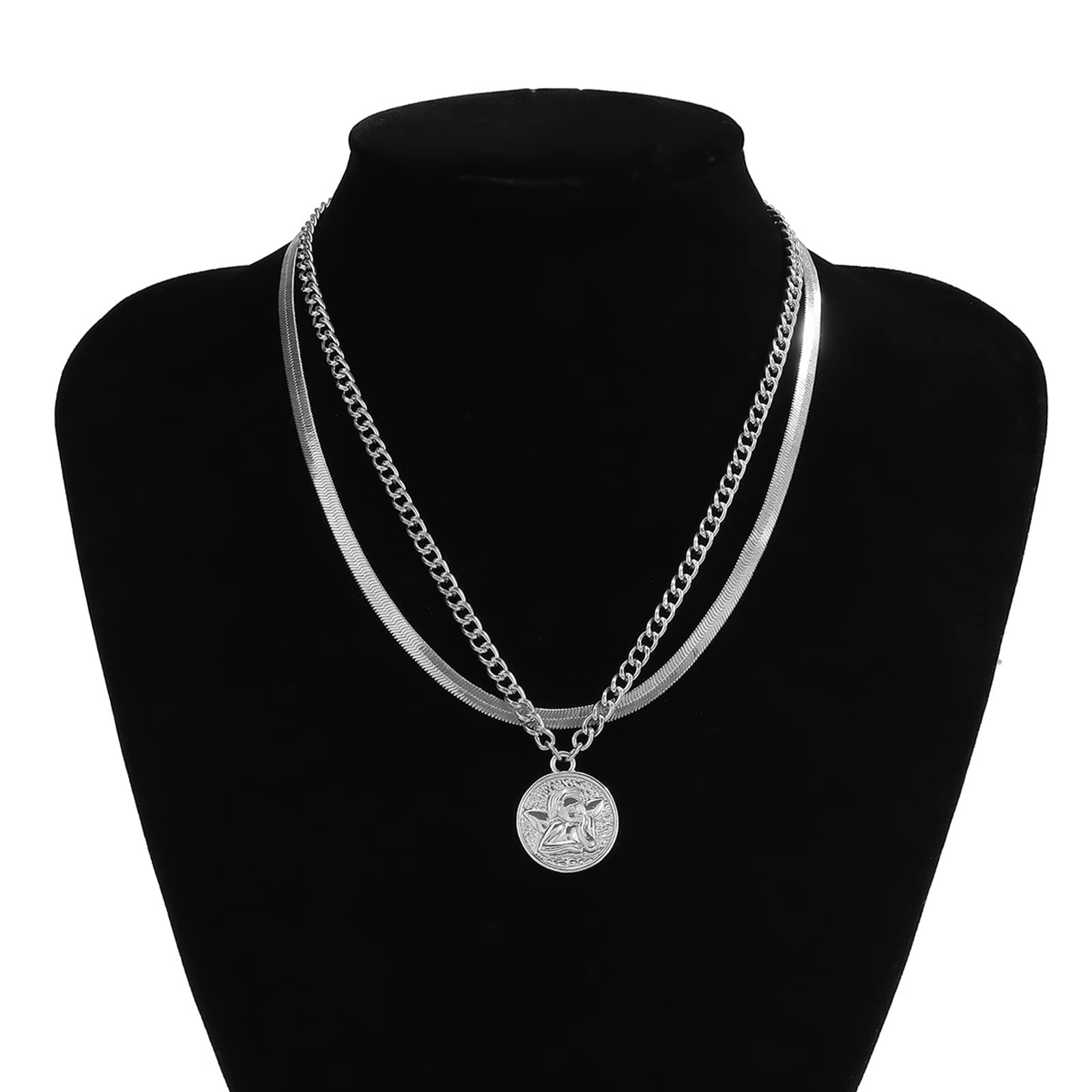Layered Choker Necklace for Women - 2 Piece Dainty Snake Chain with Angel Relief Pendant, Elegant Silver Jewelry Set | Perfect Birthday Gift for Her, Valentine's Day Present & Everyday Fashion Accessory
