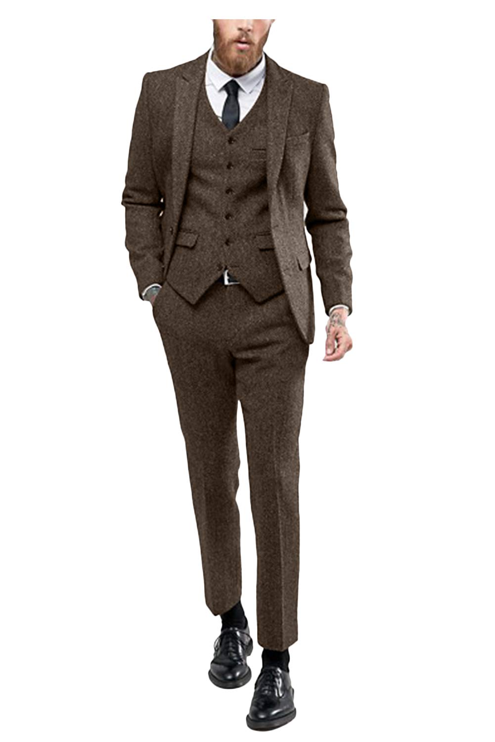 Wemaliyzd Men's 3-Piece Formal Suit Set - Notch Lapel Tweed Blazer, Vest & Dress Pants (Coffee, Size 50R) | Business Attire, Office Wear, Wedding & Special Occasion Outfit