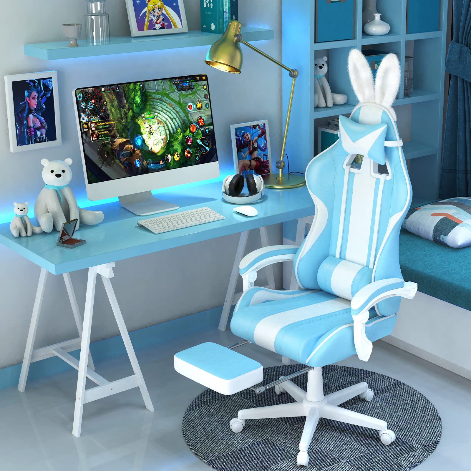 Ferghana Blue Gaming Chair with Bunny Ears - Ergonomic Massage Office & PC Gaming Chair with Footrest for Adults & Teens - Cute Kawaii Computer Game Chair for Girls - Racing Reclining Gamer Chair for Streaming, Esports & Home Office