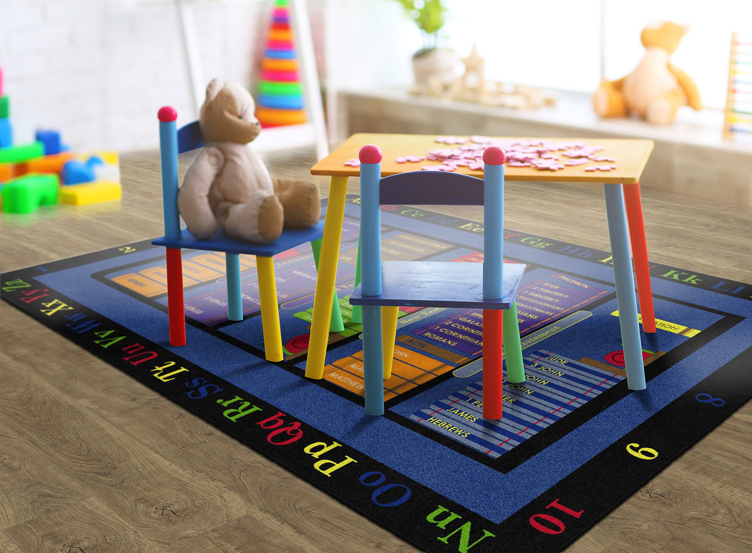 Flagship Carpets Bible Bookcase Educational Rug for Kids - 6' x 9' Rectangle Classroom, Office, Home & Playroom Mat - Non-Slip Nursery Carpet for Learning & Story Time