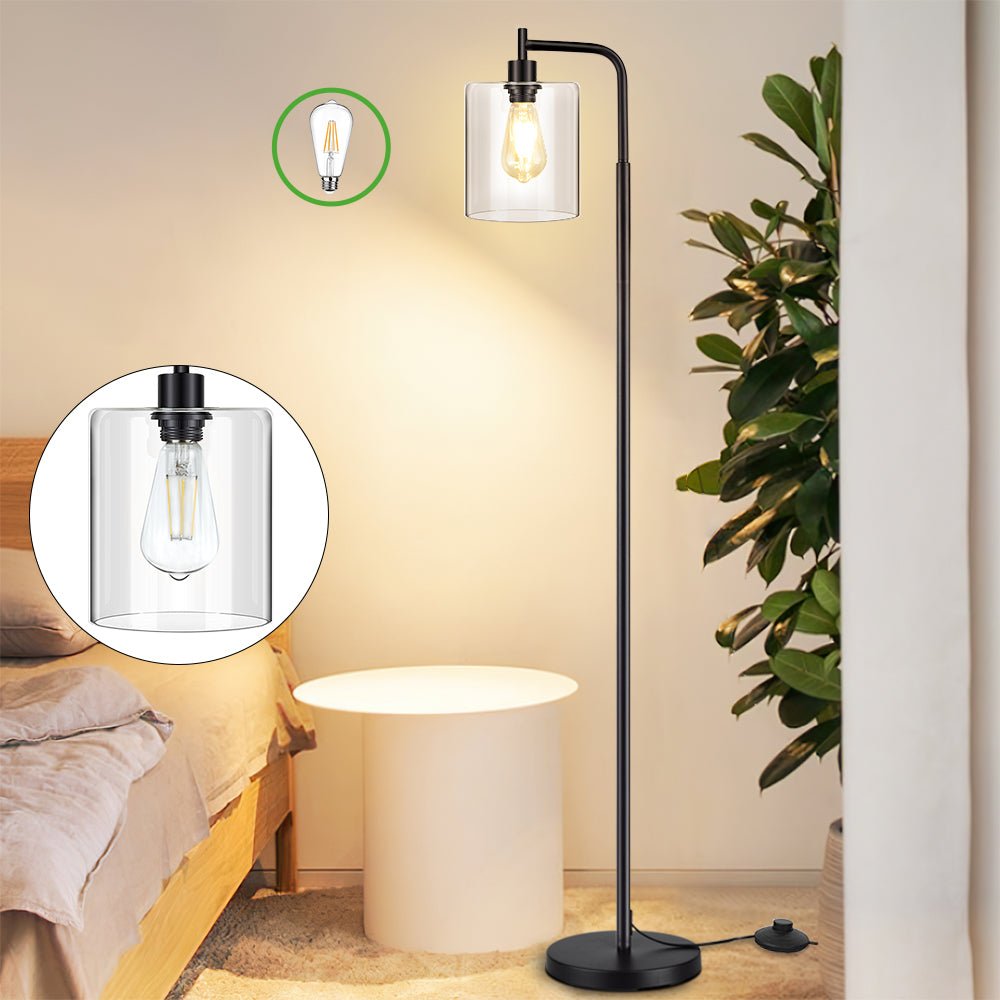 DLLT Modern LED Floor Lamp with Hanging Glass Shade - Eye-Caring Adjustable Standing Light, Warm White Industrial Reading Lamp for Living Room, Bedroom, Office | Bulb Included | Perfect for Cozy Reading Nooks & Workspaces