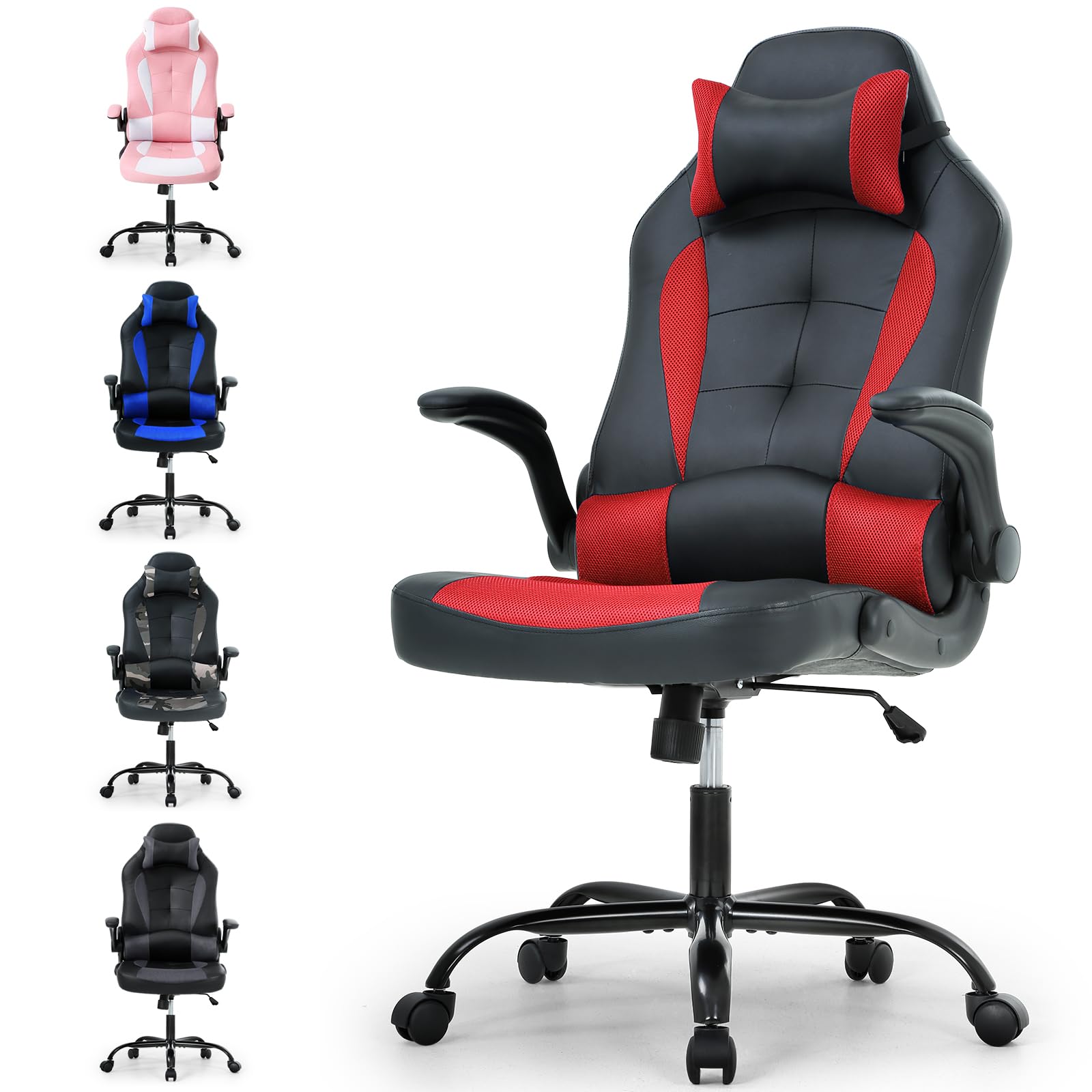 Ergonomic Gaming Chair with Lumbar Support & Head Pillow - Adjustable Leather Office Desk Chair for Home & Computer Work - Modern Executive Swivel Task Chair with Rolling Wheels (Red) - Perfect for Gaming, Remote Work & Home Office Setup