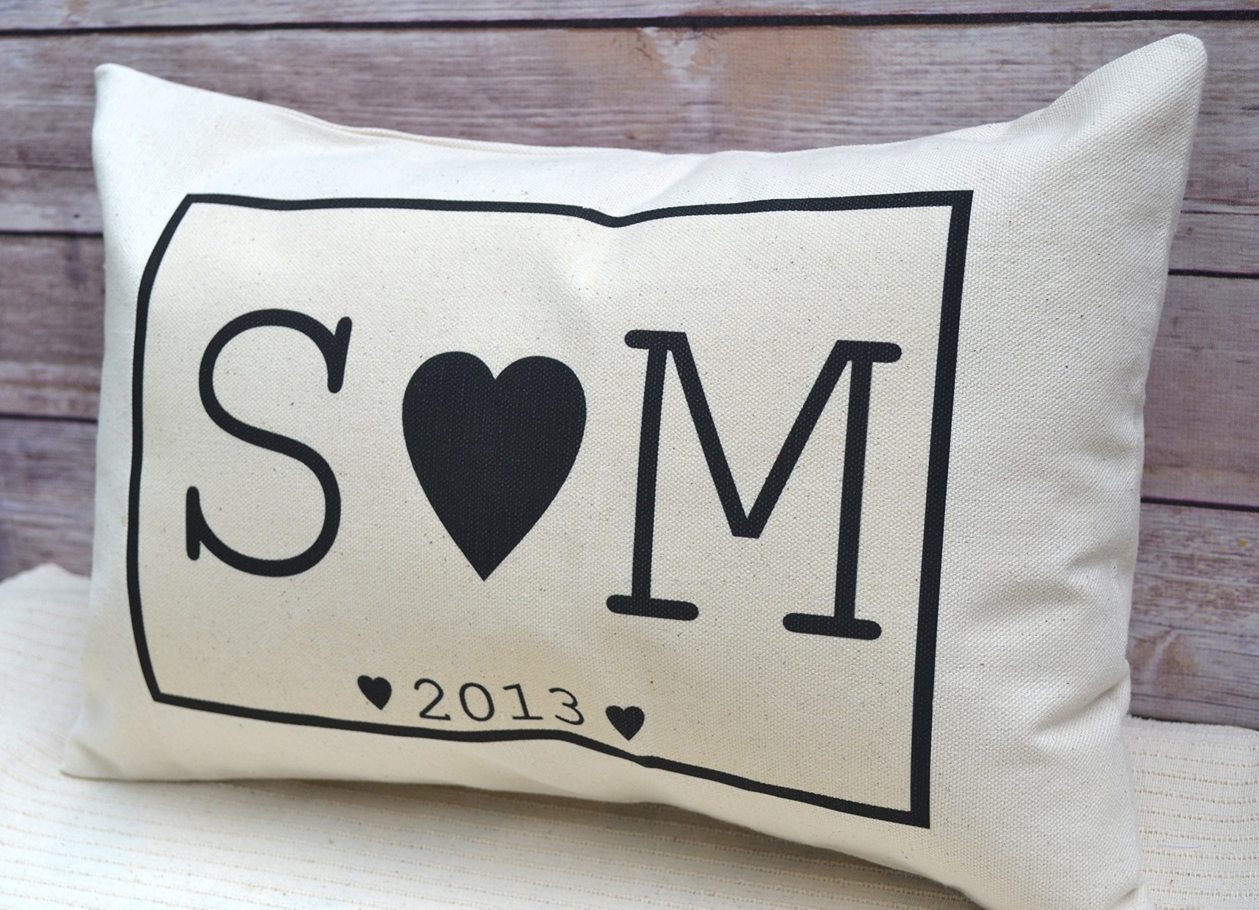 Personalized Monogram Initial & Anniversary Date Cotton Pillow - Romantic Black Heart Design for Valentine's Day, Wedding Gifts & Home Decor