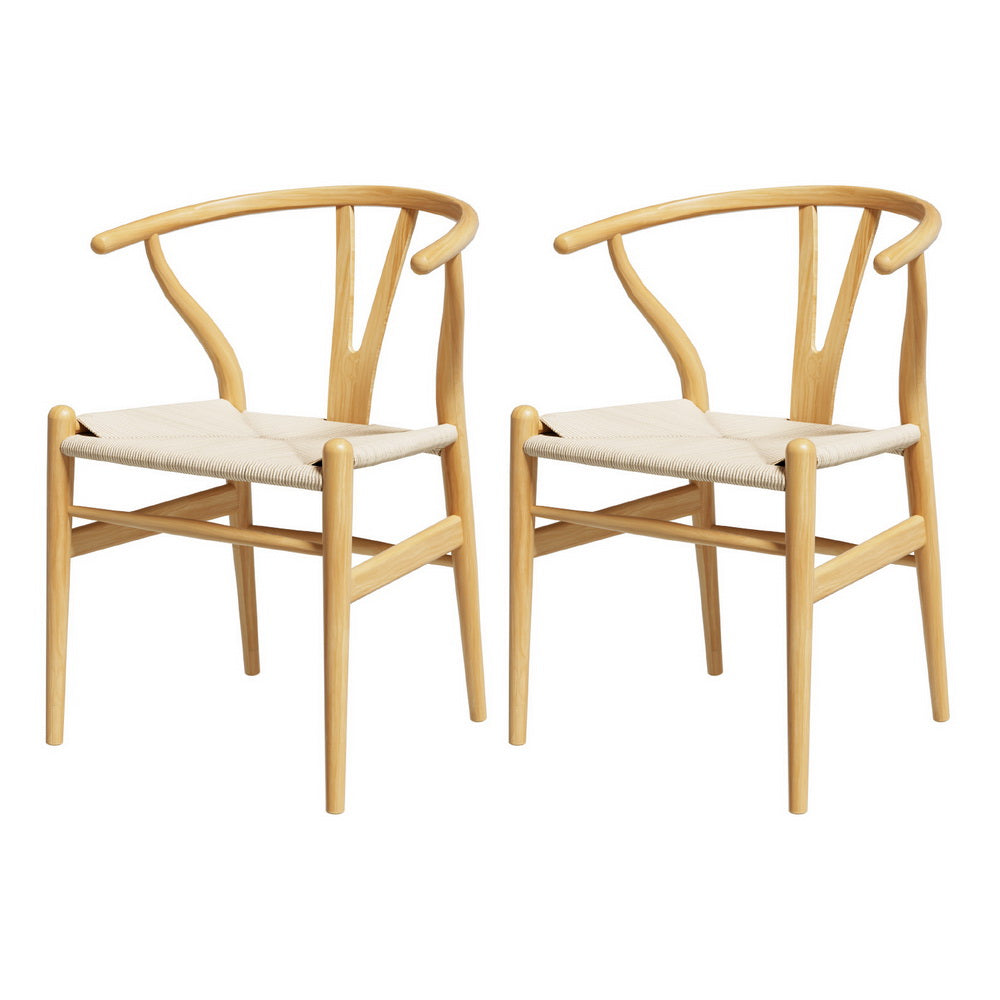 2 Pack Artiss Dining Chairs - Wooden Frame with Rattan Seat & Wishbone Back - Modern Kitchen & Dining Room Furniture for Home Decor