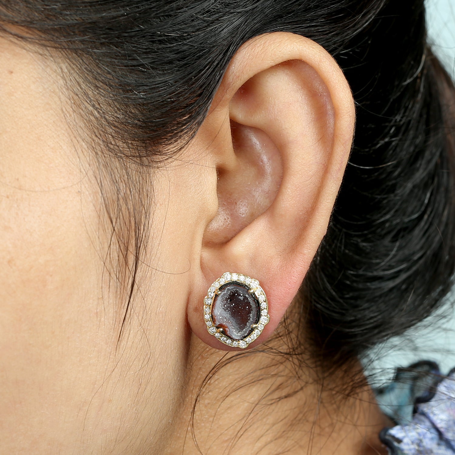 18K Yellow Gold Pave Diamond Uneven Geode Gemstone Stud Earrings for Women | Elegant Handmade Jewelry Gift for Anniversary, Birthday & Special Occasions