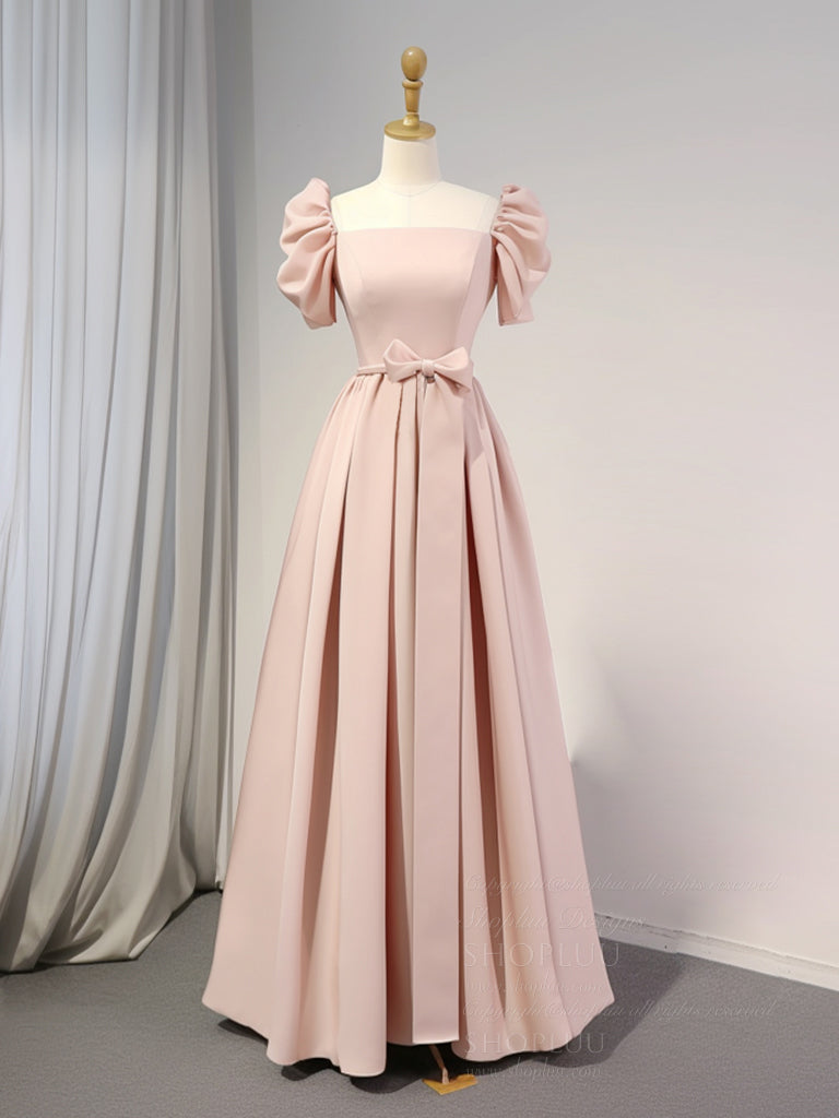 Elegant A-Line Puff Sleeves Satin Pink Long Prom Dress & Bridesmaid Gown - Perfect for Formal Dances, Weddings, and Special Occasions