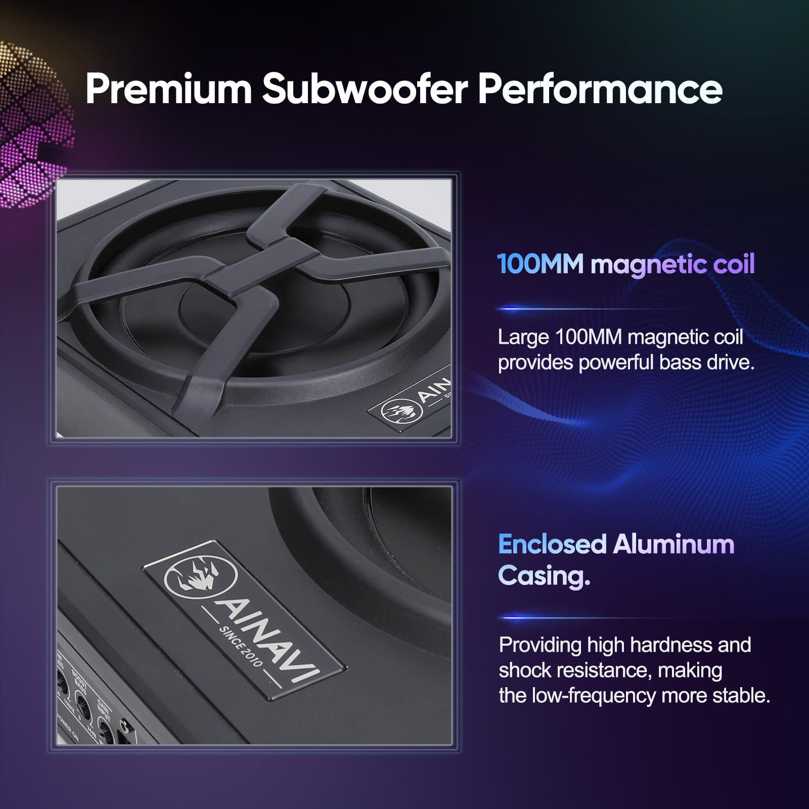 AINAVI 10 Inch Under Seat Car Subwoofer with 800W Built-in Amplifier, Multi-Color Ambient Lighting & Remote Control - Powerful Bass for Trucks, SUVs & Sedans - Perfect for Road Trips & Music Lovers