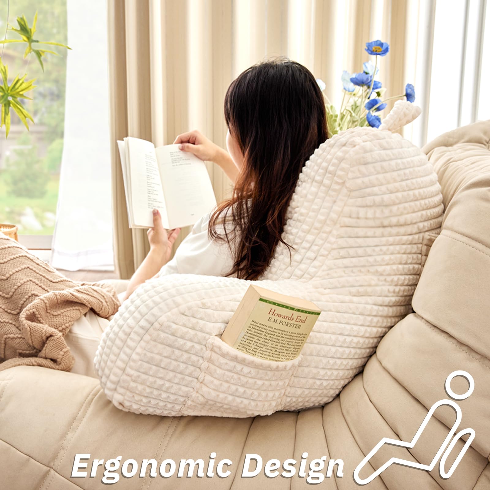 Love's Cabin Memory Foam Reading Pillow with Arms & Pockets - Back Support Pillow for Bed, Couch & Chair - Perfect for Reading, Watching TV & Relaxing - Beige