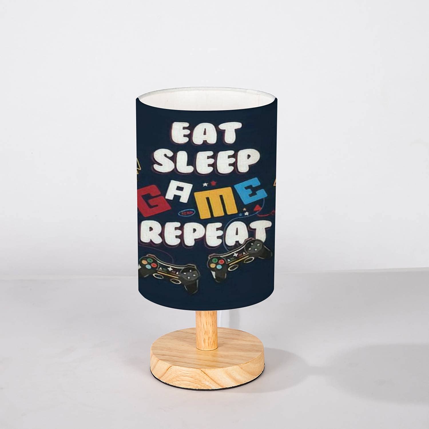 Minimalist Wooden Nightstand Lamp with Flaxen Fabric Shade - Eat Sleep Game Repeat Gamer Decor for Bedroom & Living Room - Perfect Gaming Room Lighting & Cozy Home Office Desk Lamp