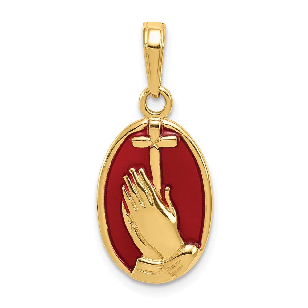 14K Yellow Gold Red Translucent Acrylic Praying Hands and Cross Pendant Necklace - Religious Jewelry for Women & Men - Perfect for Church, Baptism, Confirmation & Daily Faith Inspiration