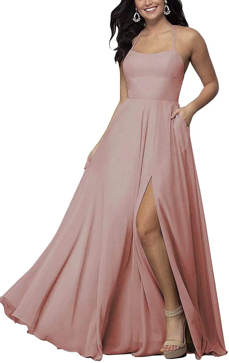 RYANTH Elegant Long Chiffon Maxi Bridesmaid Dress with High Slit & Halter Neck - Perfect for Weddings, Prom, and Formal Events
