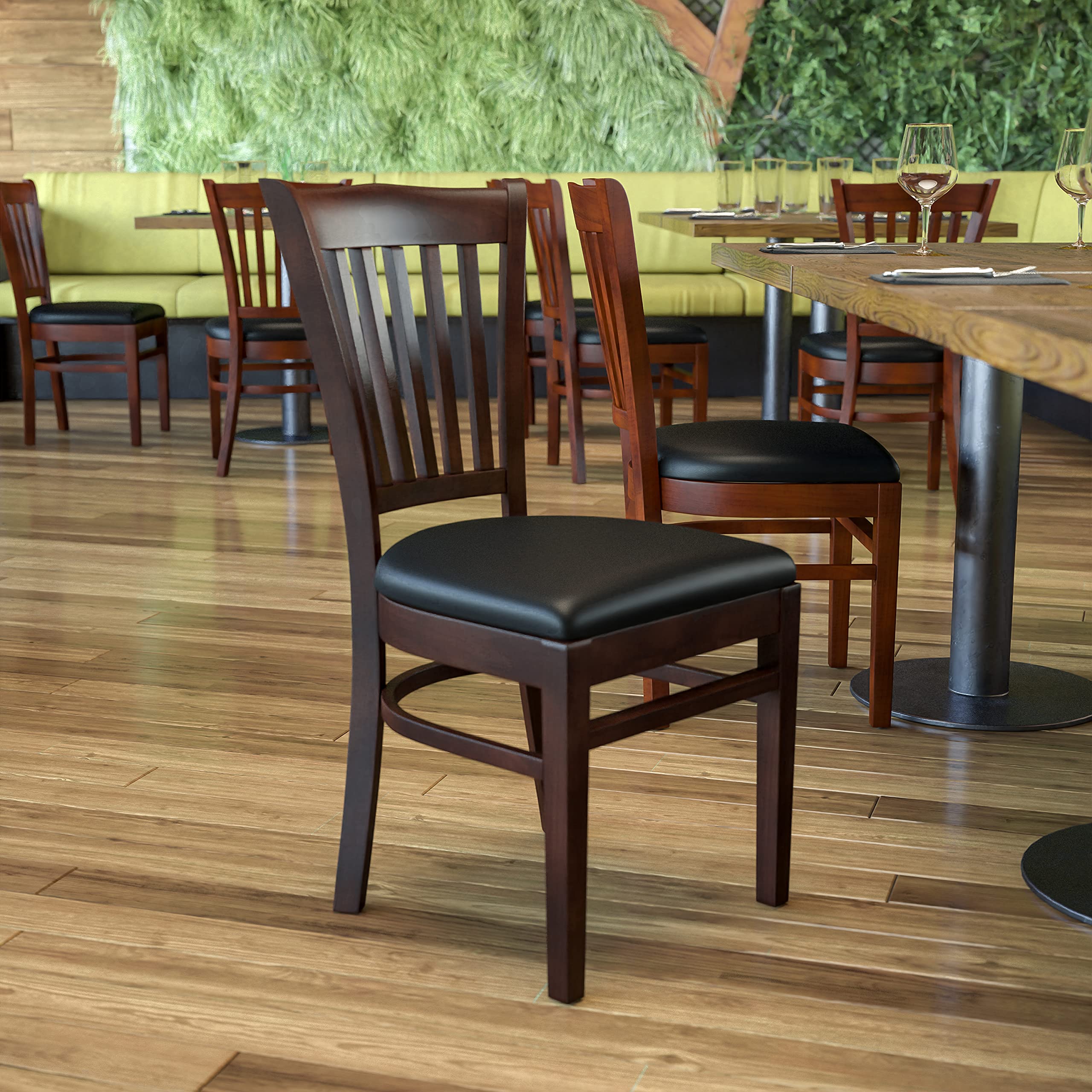 Flash Furniture HERCULES Series Vertical Slat Back Walnut Wood Restaurant Chair - Black Vinyl Seat - Durable Dining Chairs for Restaurants, Cafes, and Home Kitchens - Comfortable & Stylish Seating Solution