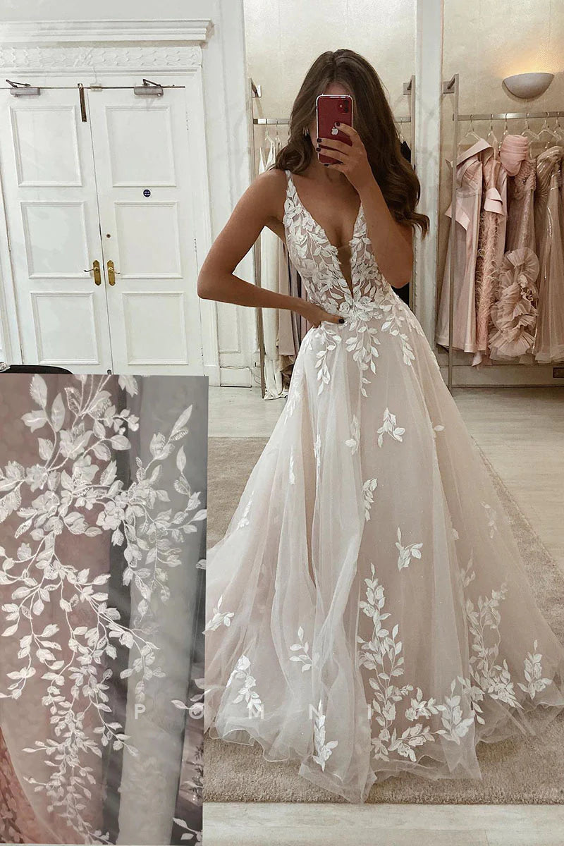 Bohemian Lace Rustic Wedding Dresses with Deep V-Neck for Garden, Beach & Outdoor Weddings | Elegant Boho Bridal Gown for Romantic Ceremonies