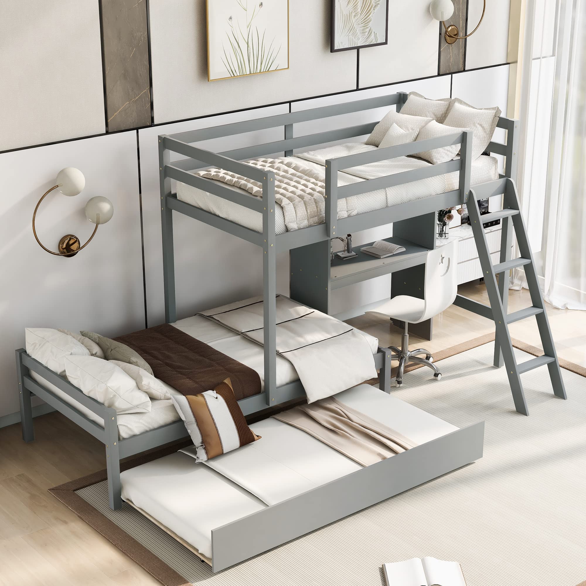 P PURLOVE Twin Over Twin Wood Bunk Bed with Convertible Built-in Desk, Storage Shelf & Trundle - Space-Saving Kids & Teens Bed with Ladder for Bedroom, Dorm or Small Living Room - Perfect for Sleepovers, Study & Storage Solutions