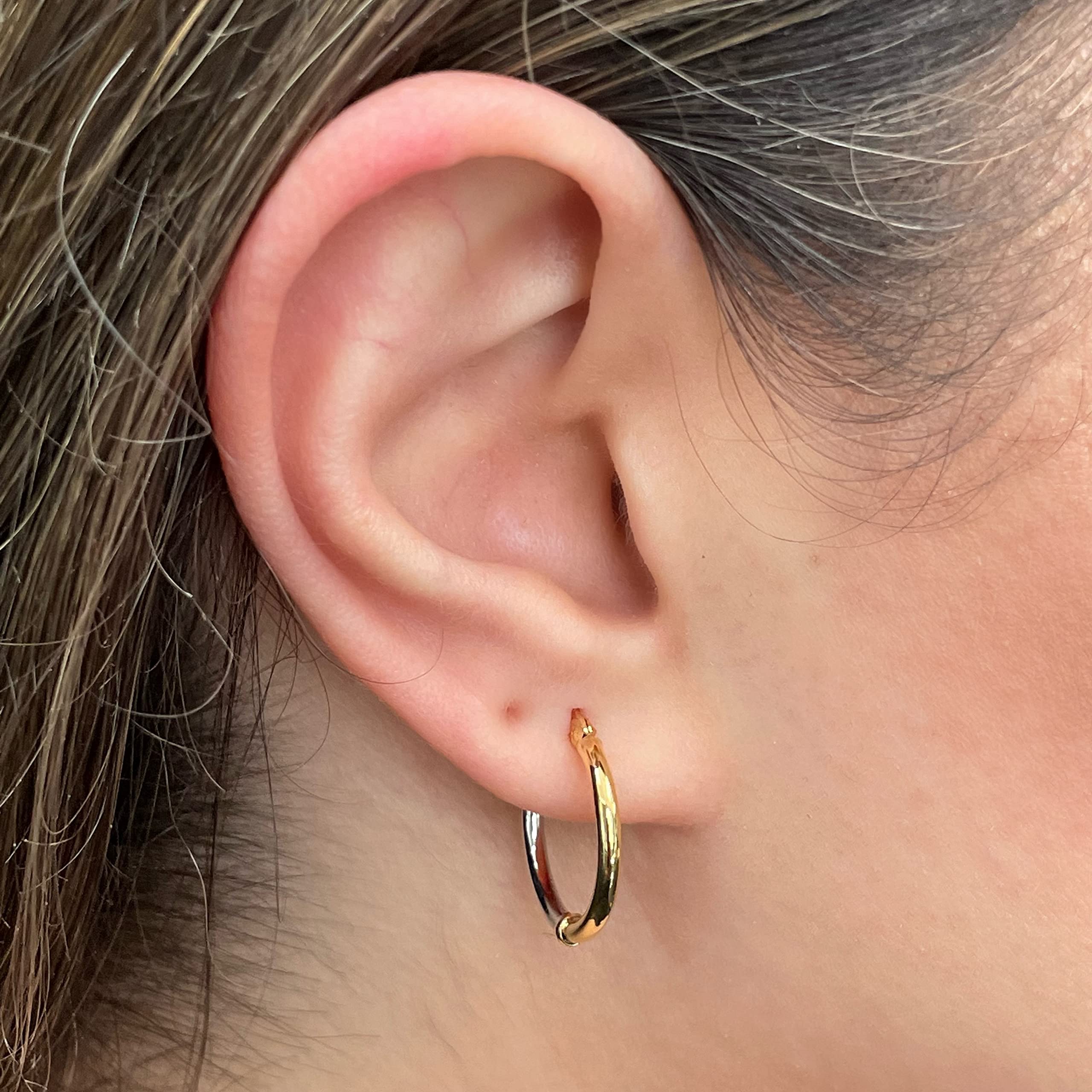 14K Italian Yellow & White Gold Hollow Hoop Earrings - Dainty Thin Polished Hoops for Women, Perfect for Everyday Wear, Date Nights & Special Occasions