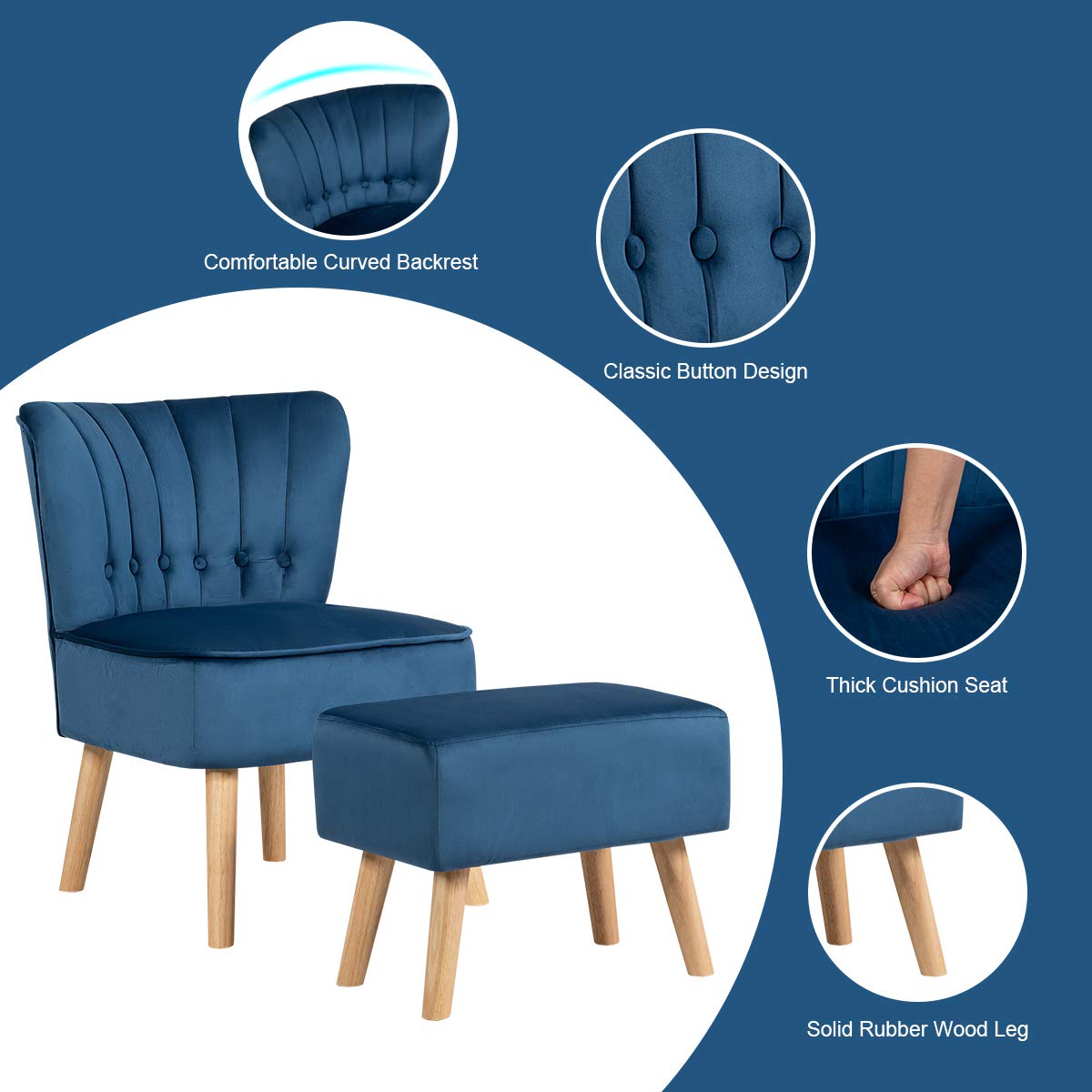 Giantex Modern Accent Chair and Ottoman Set - Velvet Upholstered Armless Slipper Sofa with Button Tufted Footstool, Single Chair for Living Room, Bedroom & Home Office - Blue | Perfect for Reading Nook, Lounge Area & Small Space Decor