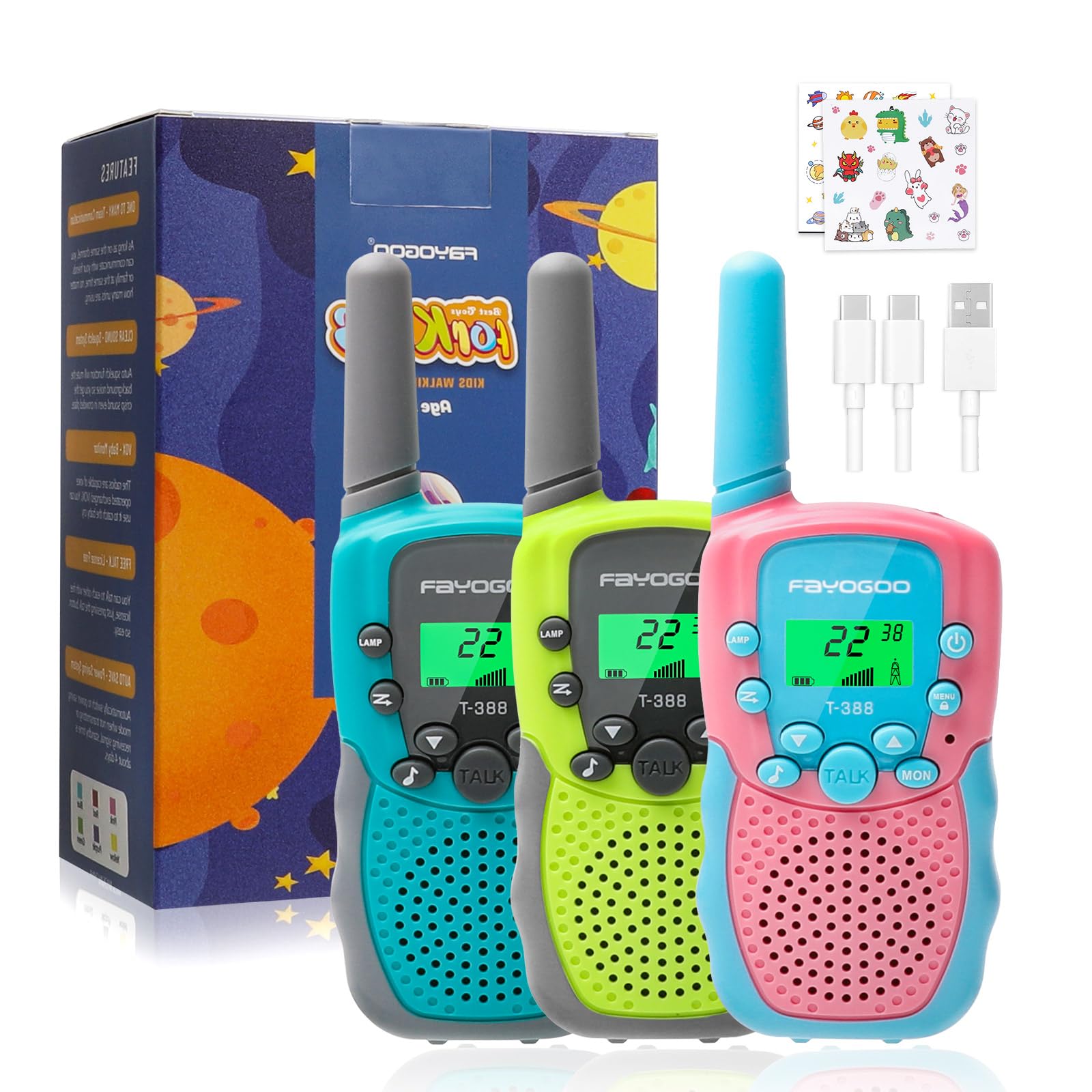 FAYOGOO 3 Pack Kids Walkie Talkies - Long Range 2 Miles Rechargeable Walkie Talkies with Flashlight & Built-in Battery - Best Toys Gifts for Boys Girls Ages 3-12 - Perfect for Outdoor Adventures, Camping, Hiking & Birthday Christmas Gifts