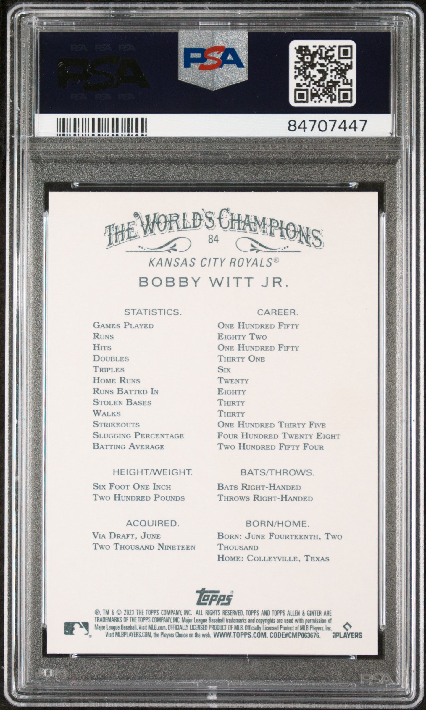 2023 Topps Allen & Ginter Bobby Witt Jr. #84 PSA 10 Gem Mint Baseball Card - Perfect for Collectors, Investors & Sports Memorabilia Displays